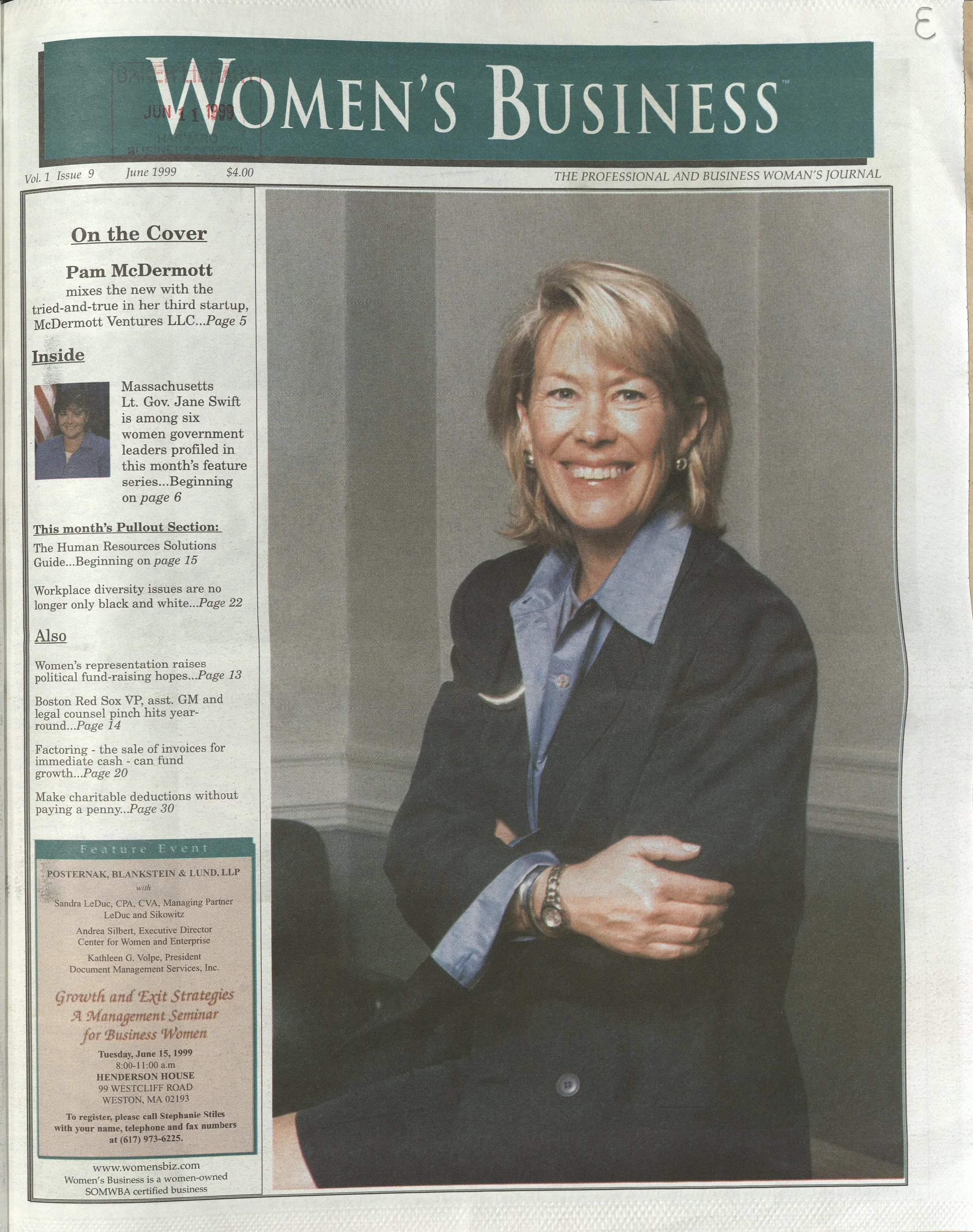 A journal cover with a white woman with shoulder length blonde hair and her arms crossed, smiling