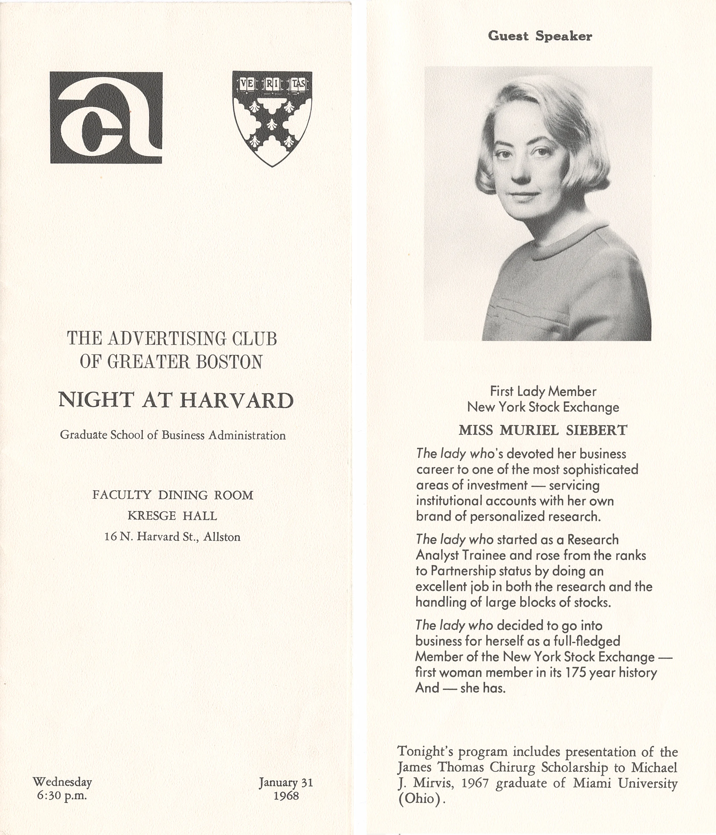 Event program from 1968 featuring Muriel Siebert as guest speaker, highlighting her career and NYSE membership milestone.