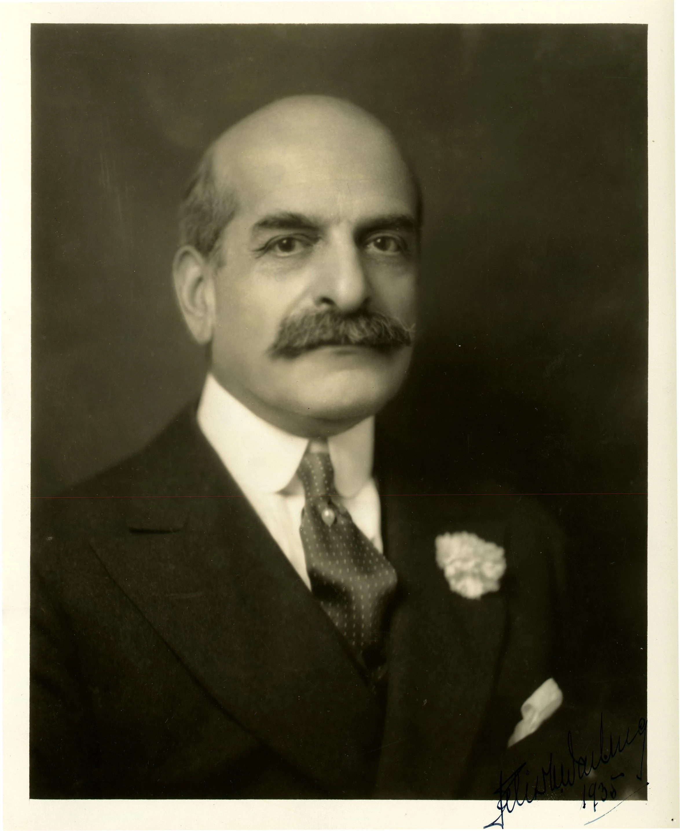 A man with a mustache in a formal suit with a tie pin and flower on his lapel