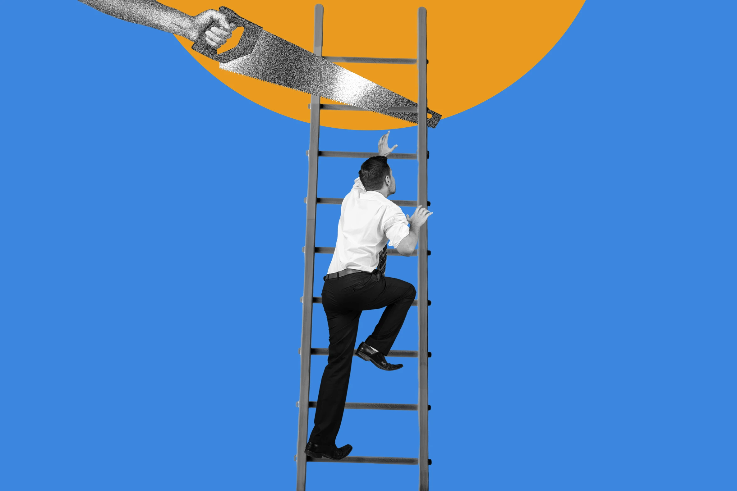 Worker climbing a ladder that's about to be cut at the top by a hand holding a saw, against a yellow backdrop. 