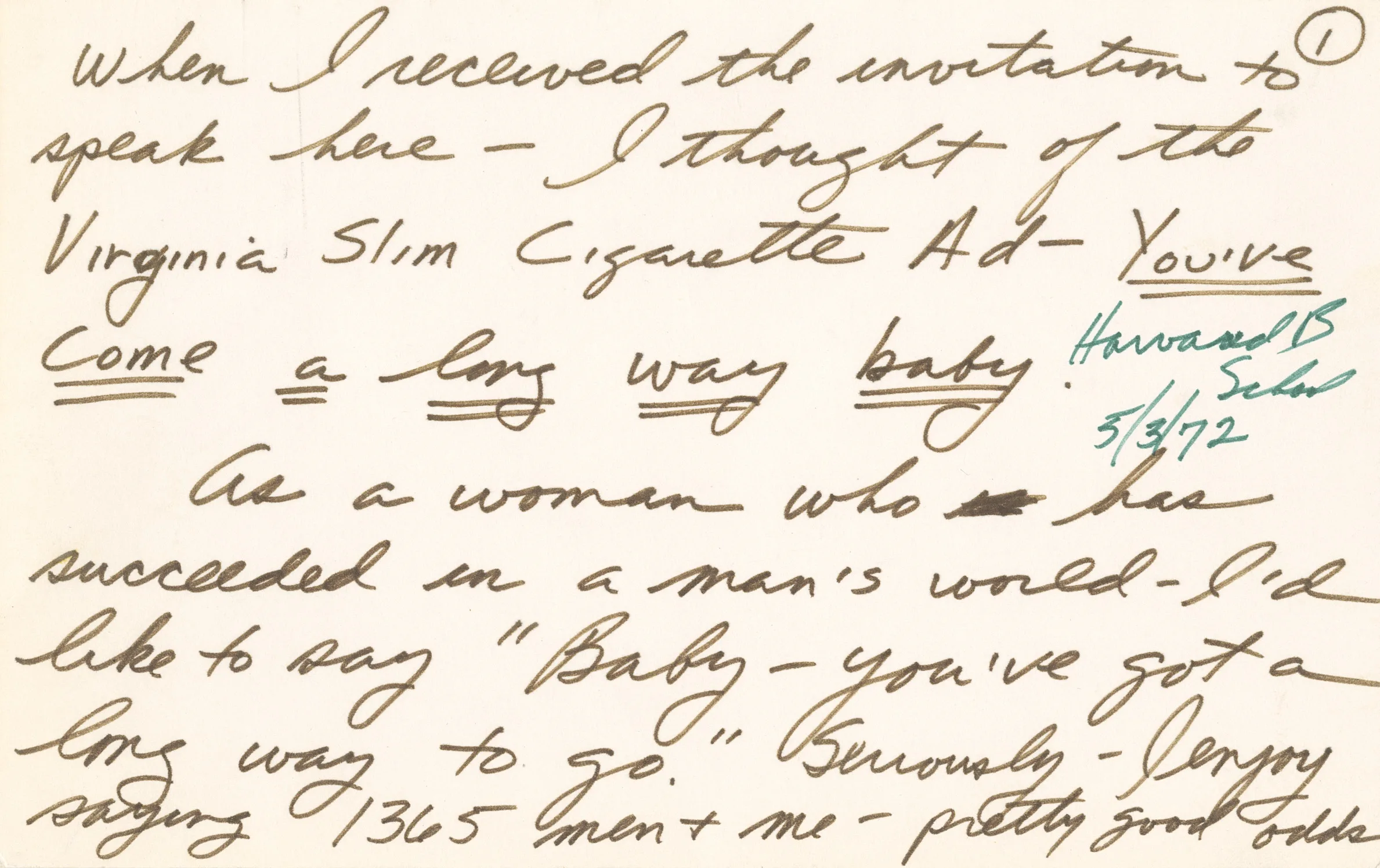 1972 handwritten speech by Muriel Siebert referencing “You’ve come a long way, baby” at Harvard Business School