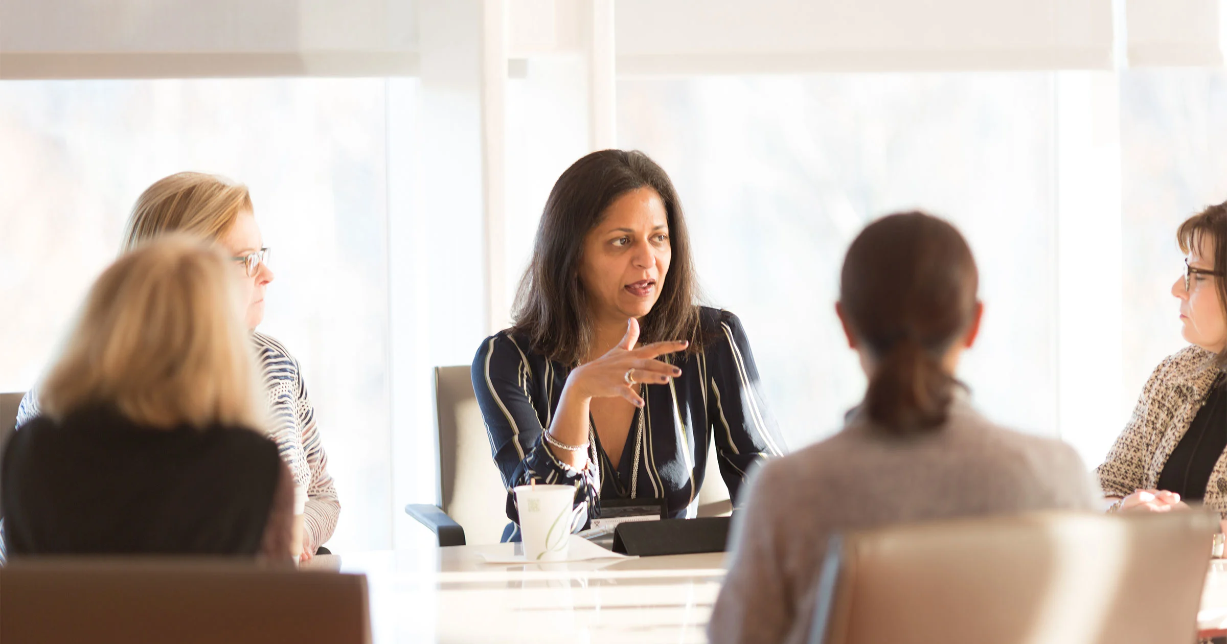 A female executive leads a discussion in a modern conference room in study group