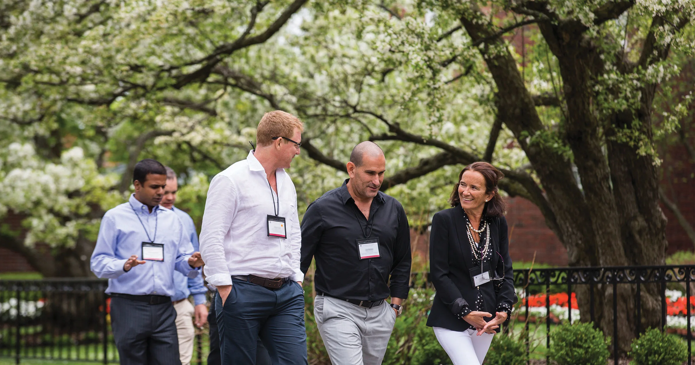 Executives walk and talk on HBS campus in a garden setting, enjoying a casual business discussion