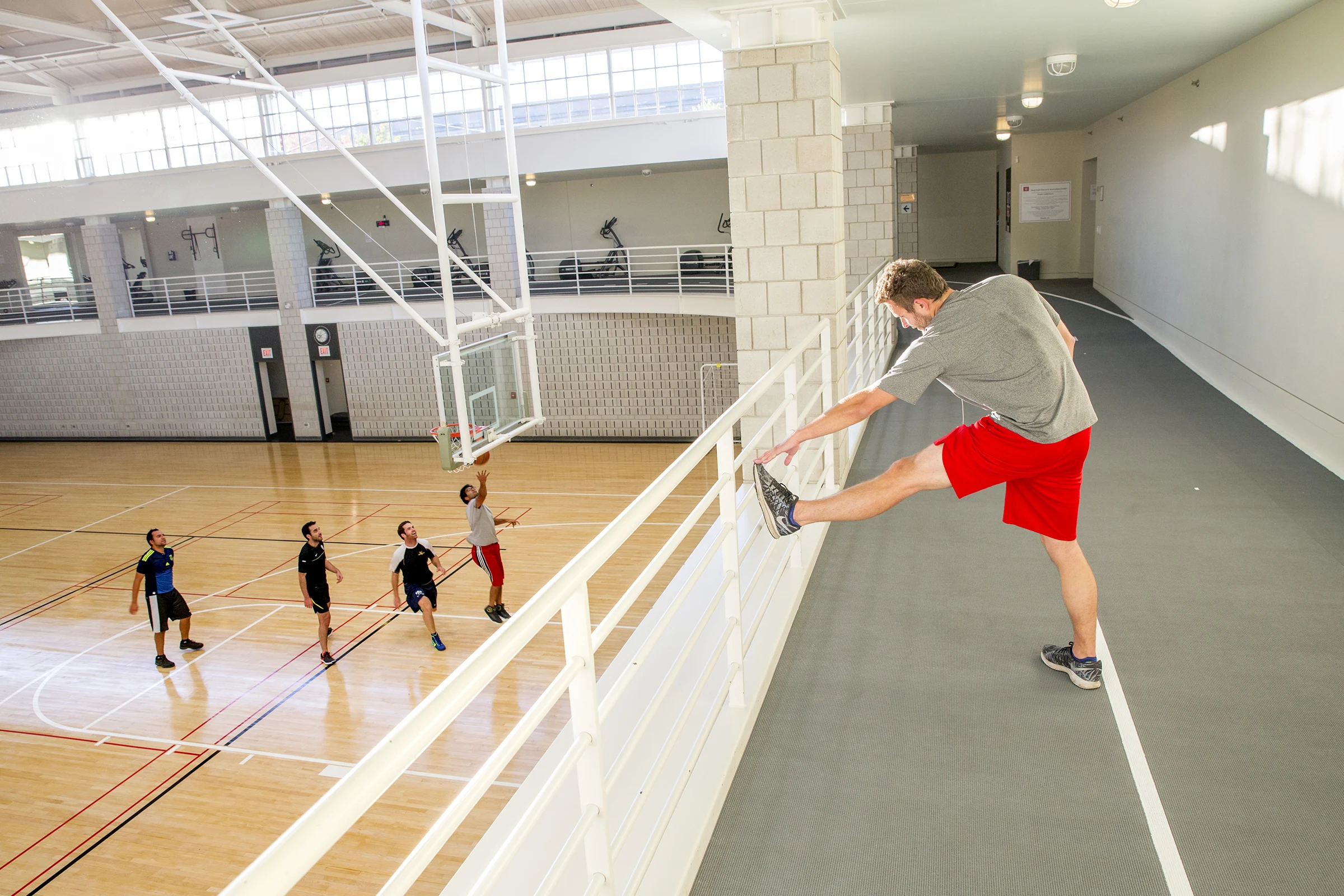 Shad Hall offers an elevated running track that circles the basketball courts.