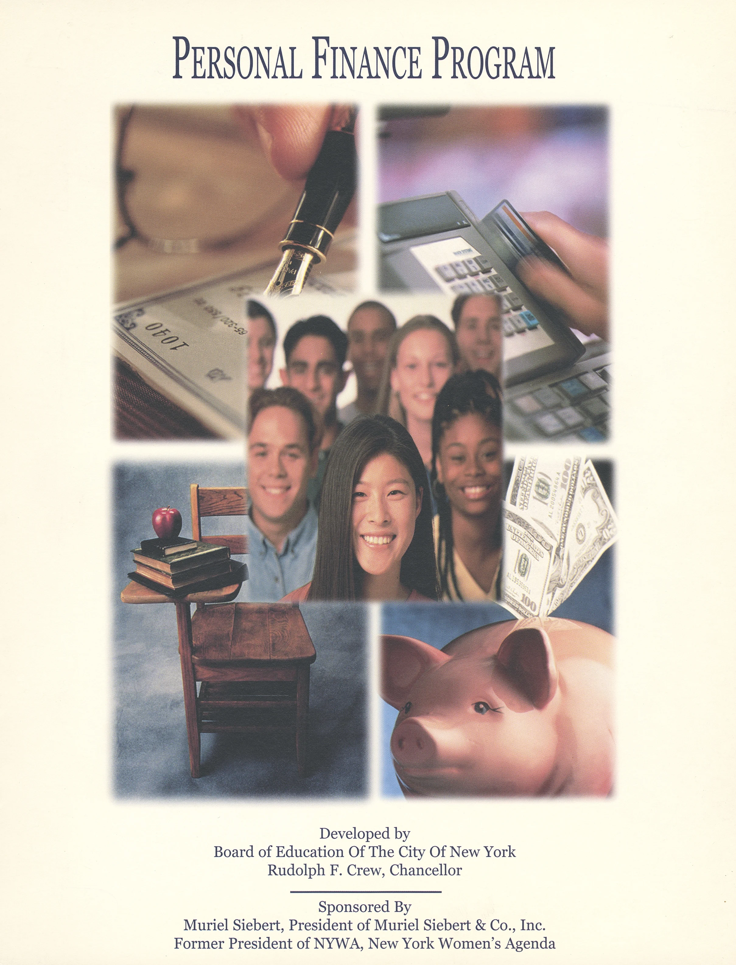 Cover of Personal Finance Program guide with images of students, a calculator, money, a piggy bank, and school desk.