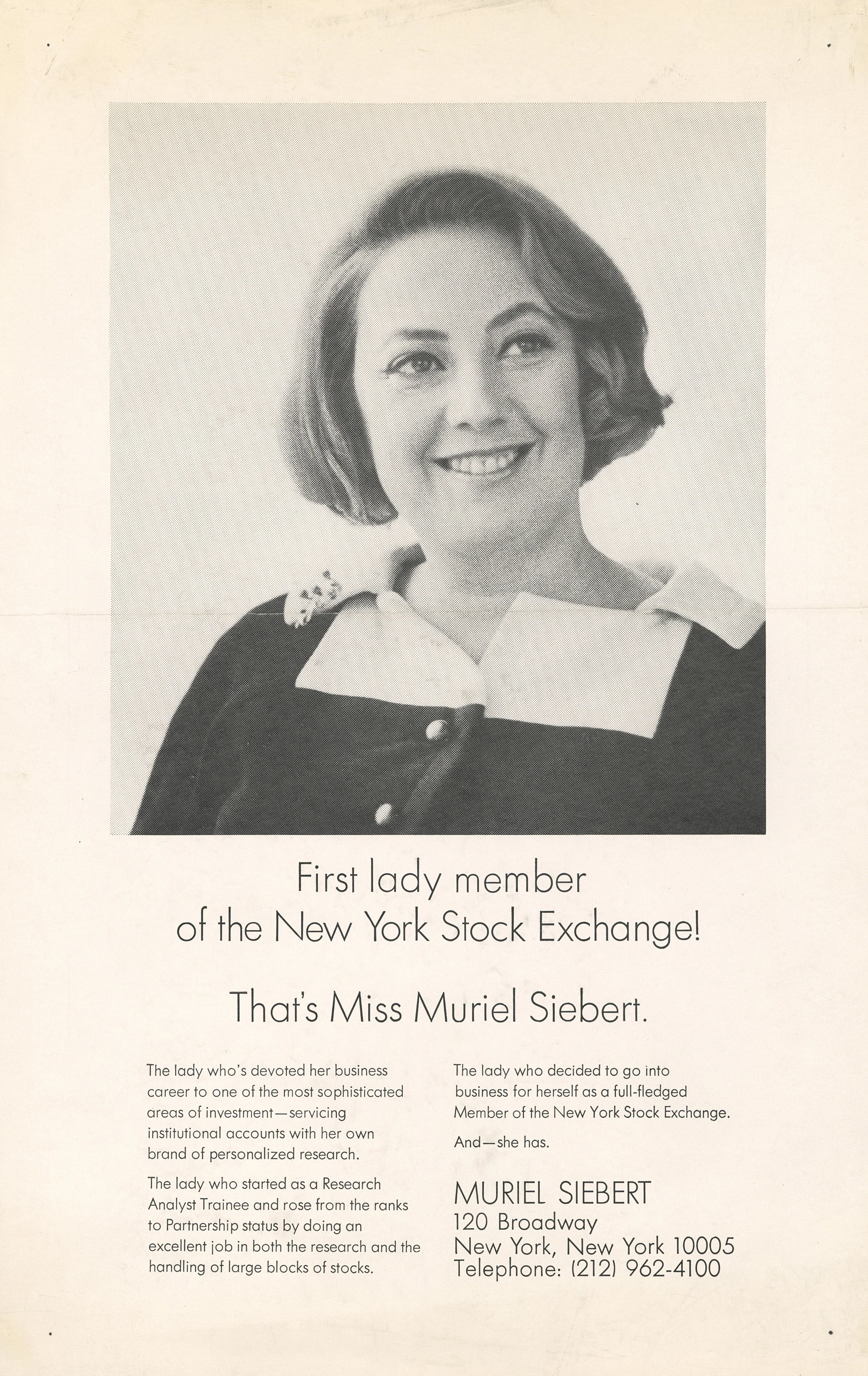 Promotional poster of Muriel Siebert, first woman member of the New York Stock Exchange, with bio and contact info