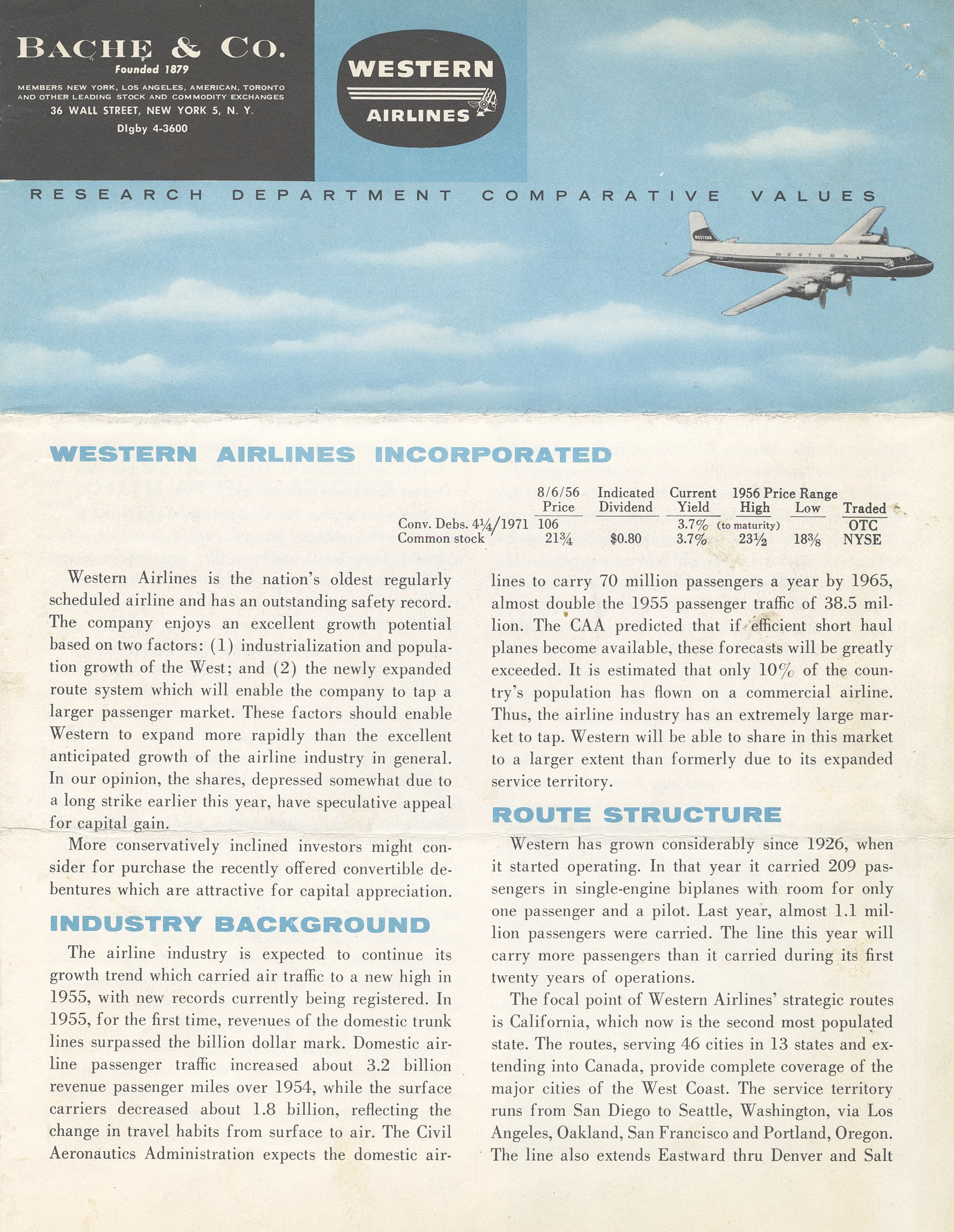 1956 Bache & Co. investment flyer for Western Airlines, featuring stock data, route info, and a plane flying in the sky.