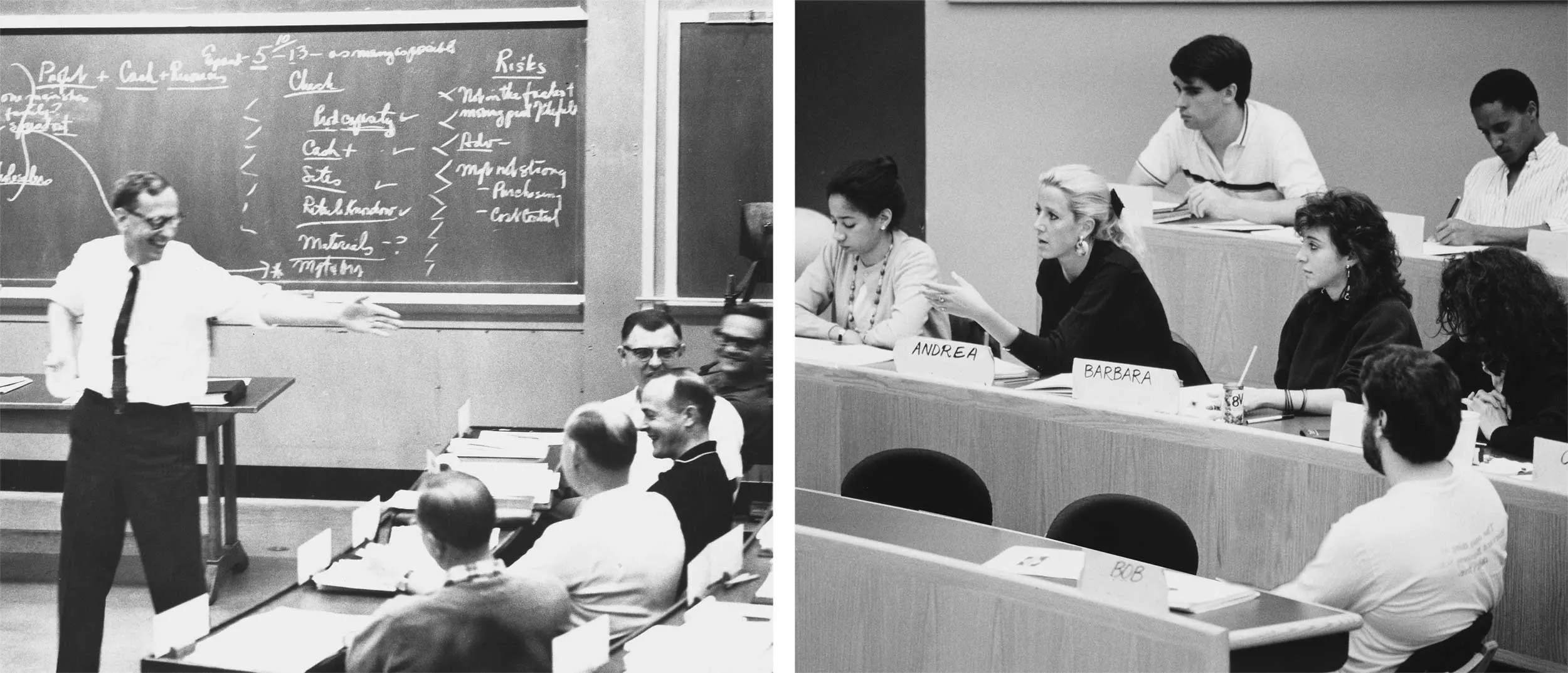 On the left panel, a lecturer stands smiling in front of a blackboard, gesturing to their students. On the right, students in a lecture hall actively participate and take notes.