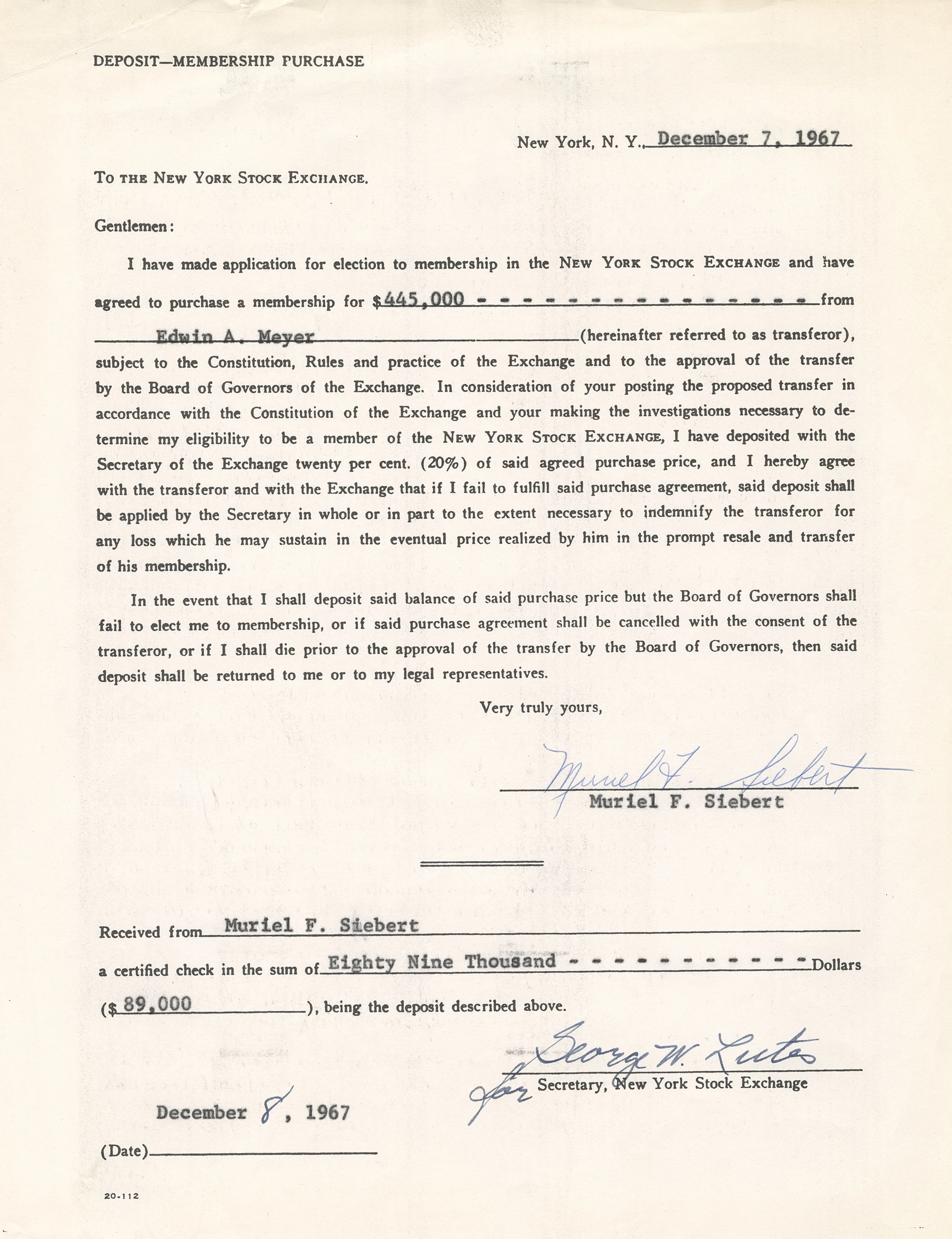 1967 NYSE membership purchase document for Muriel F. Siebert, first woman to buy a seat on the New York Stock Exchange.