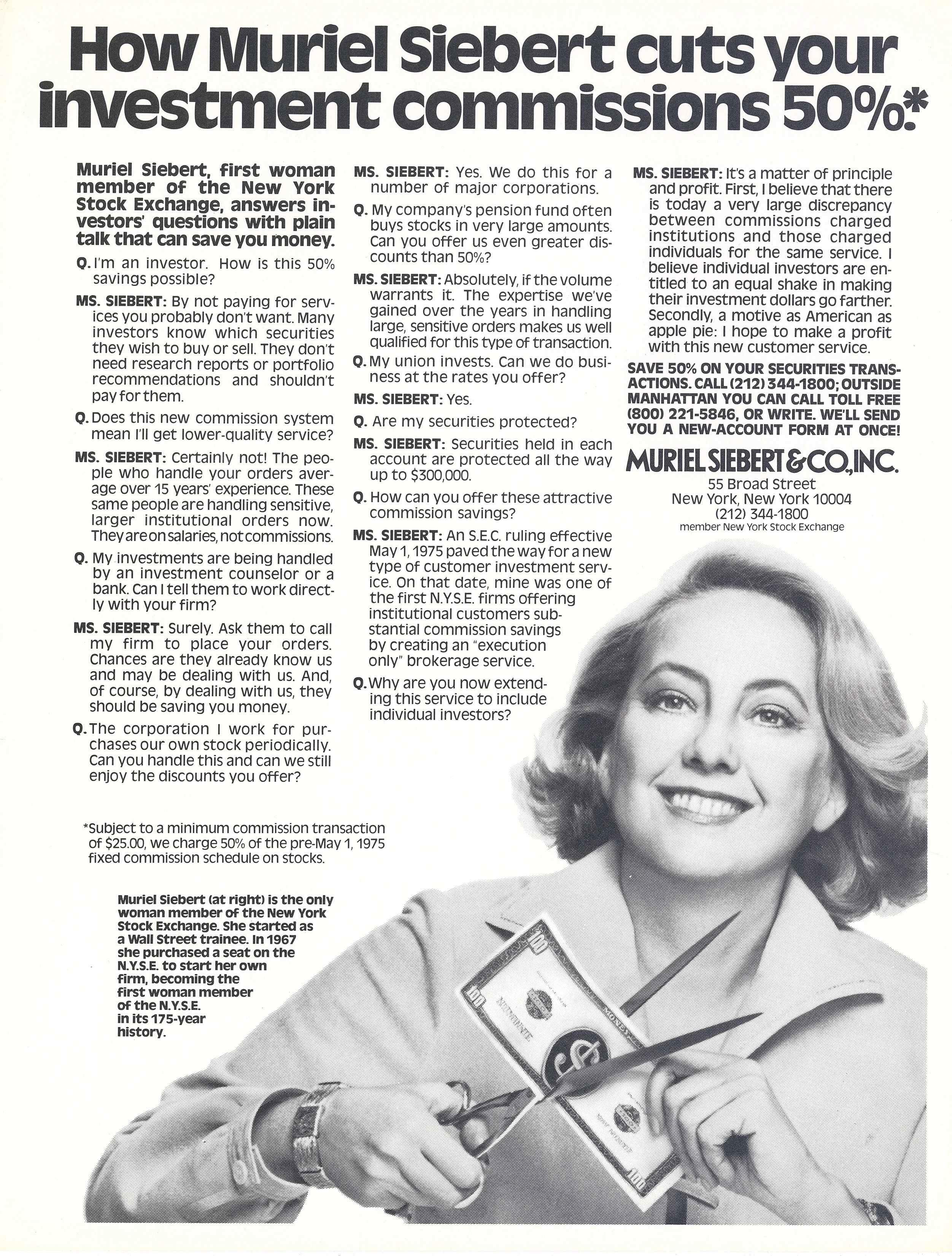 Muriel Siebert ad promoting 50% commission cuts for investors, featuring her photo cutting a dollar bill with scissors