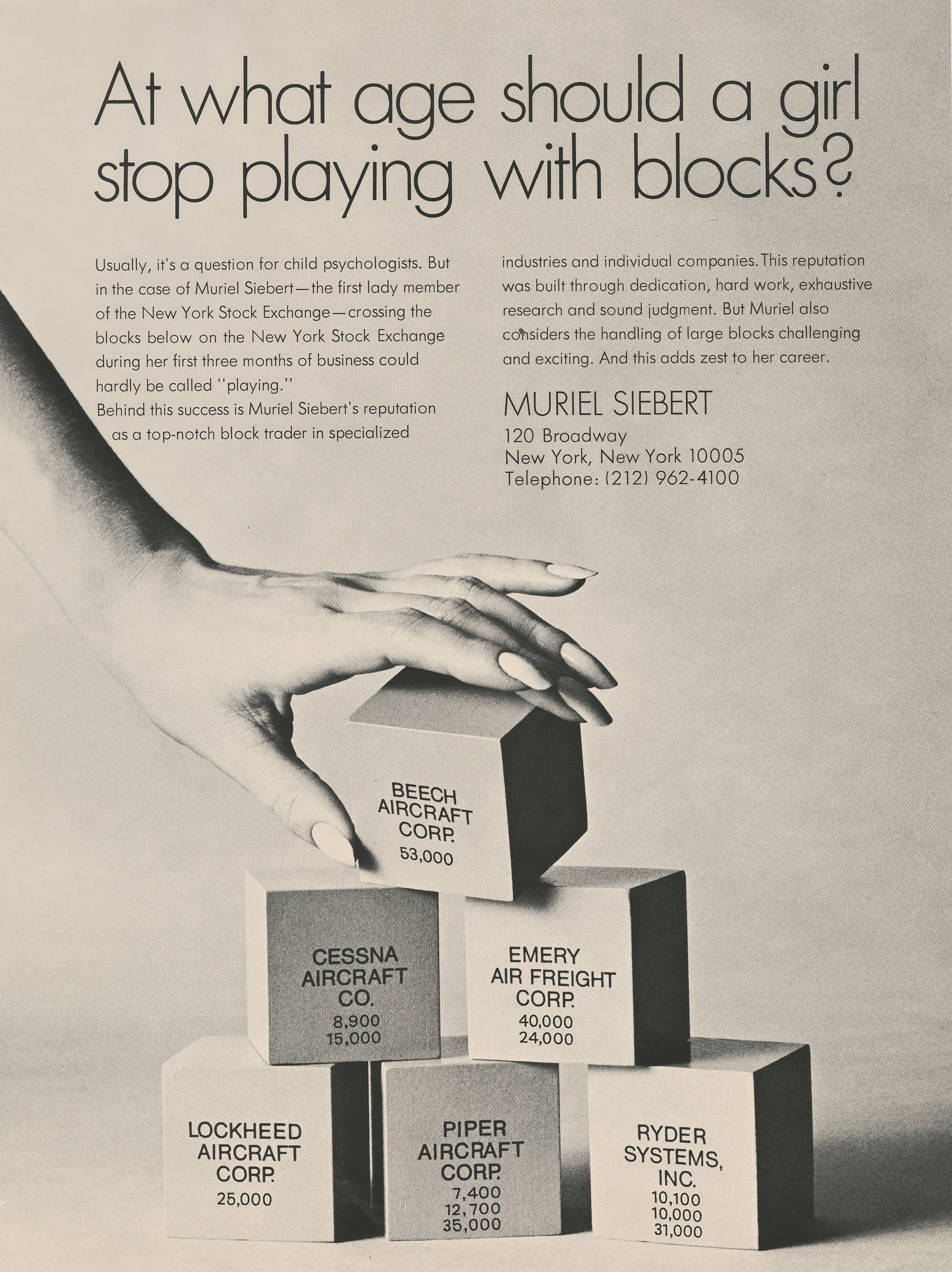 Vintage ad for Muriel Siebert featuring a hand stacking trading blocks, highlighting her success on the NYSE