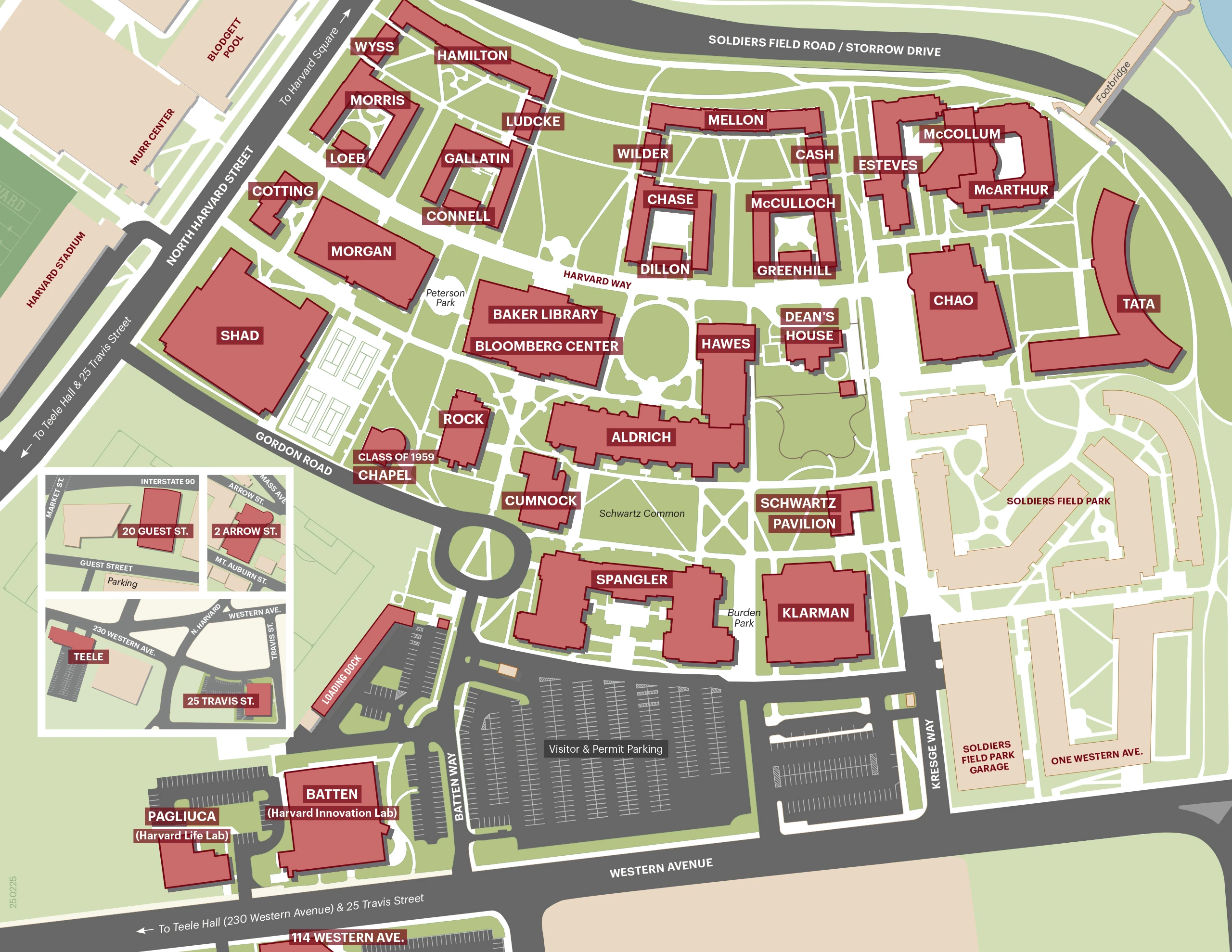 A map of the Harvard Business School Campus followed by a list of the campus buildings with links to their location in Google Maps is provided below.