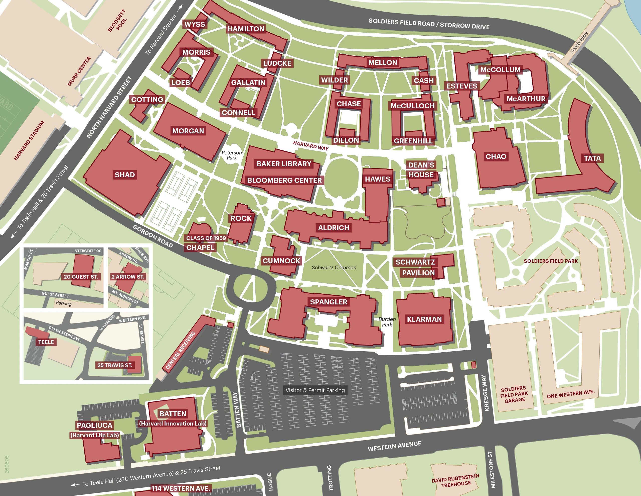 A map of the Harvard Business School Campus followed by a list of the campus buildings with links to their location in Google Maps is provided below.