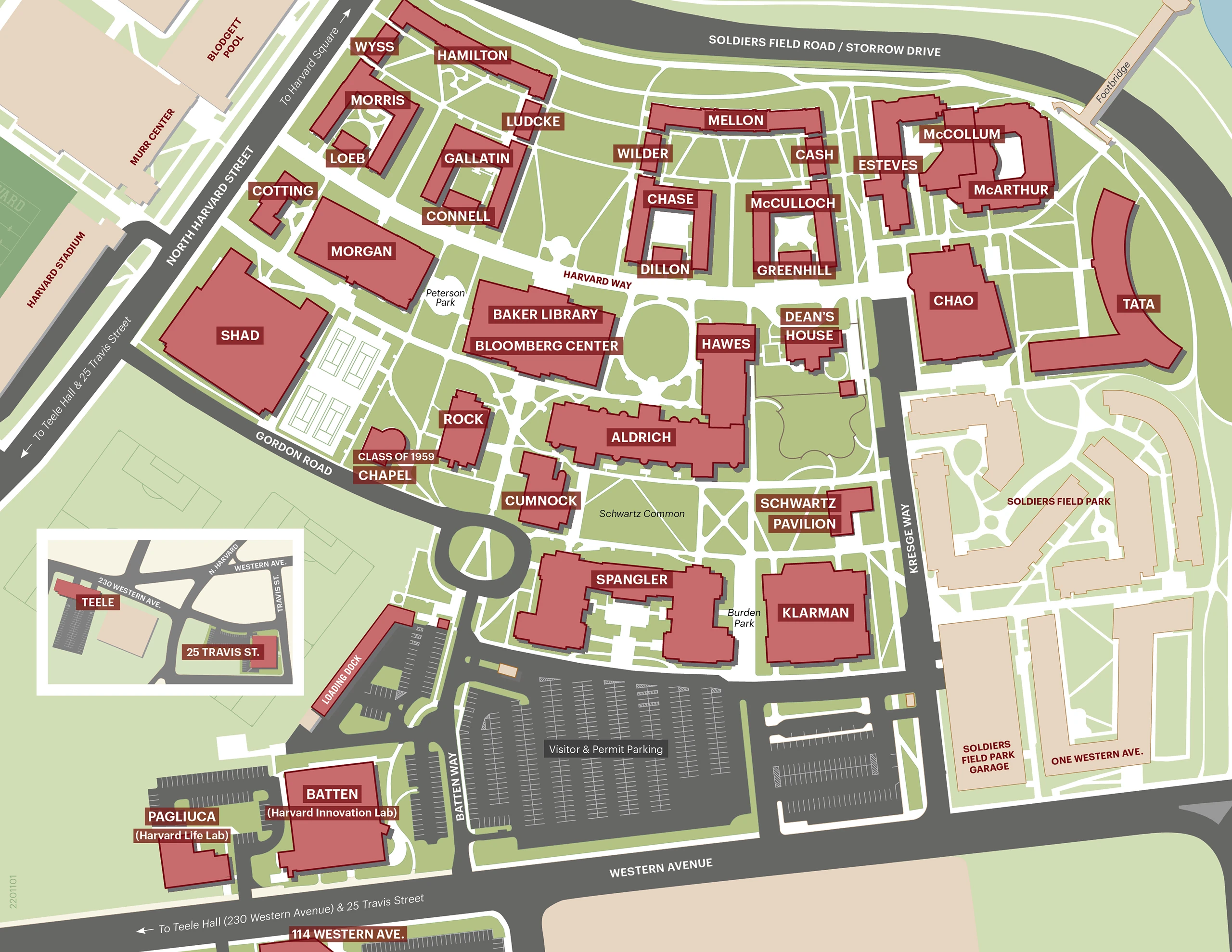 A map of the Harvard Business School Campus. A list of the campus buildings with links to their location in Google Maps is provided below.