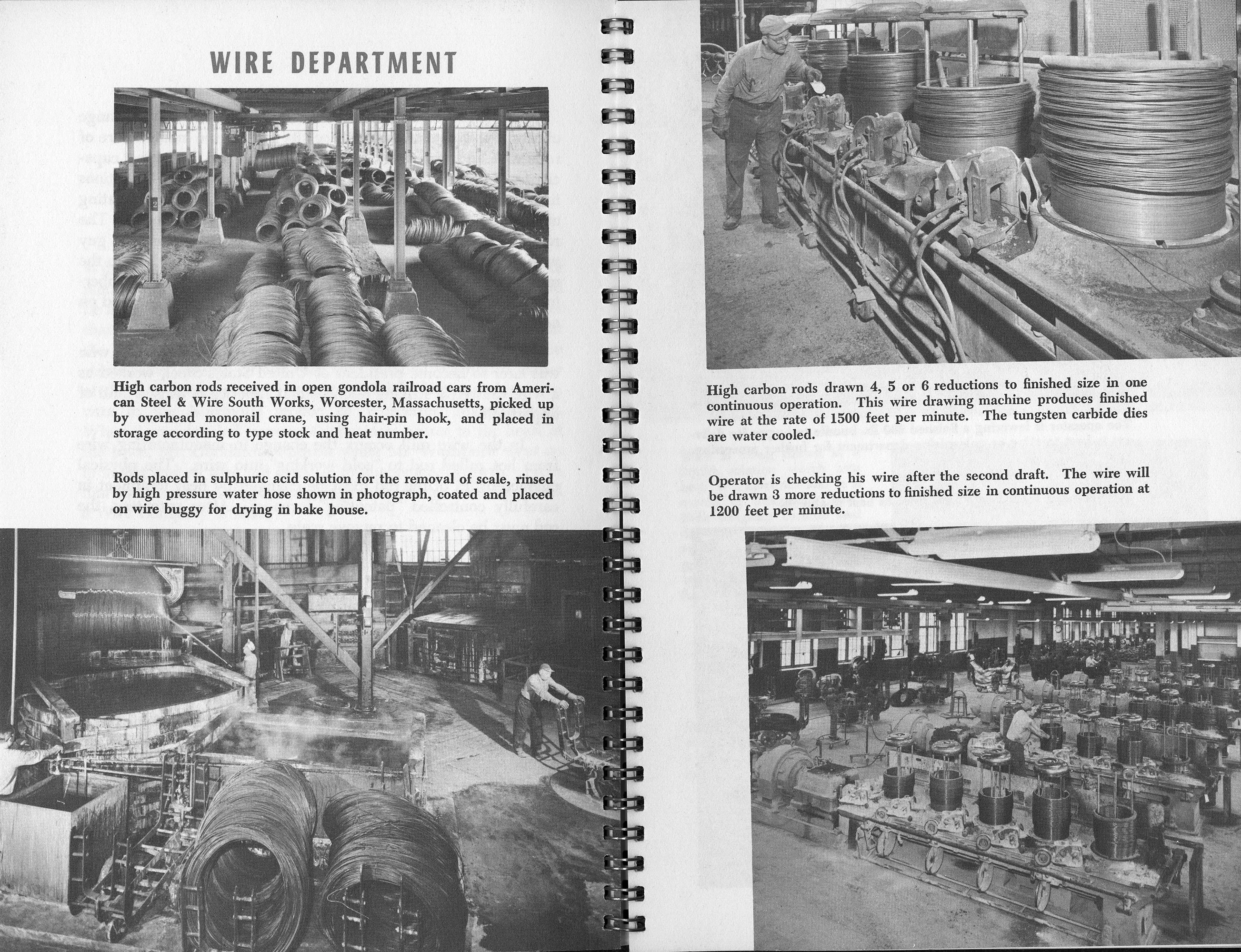 Workers process and inspect high-carbon wire rods through acid baths, drying, and multi-stage wire drawing machines.