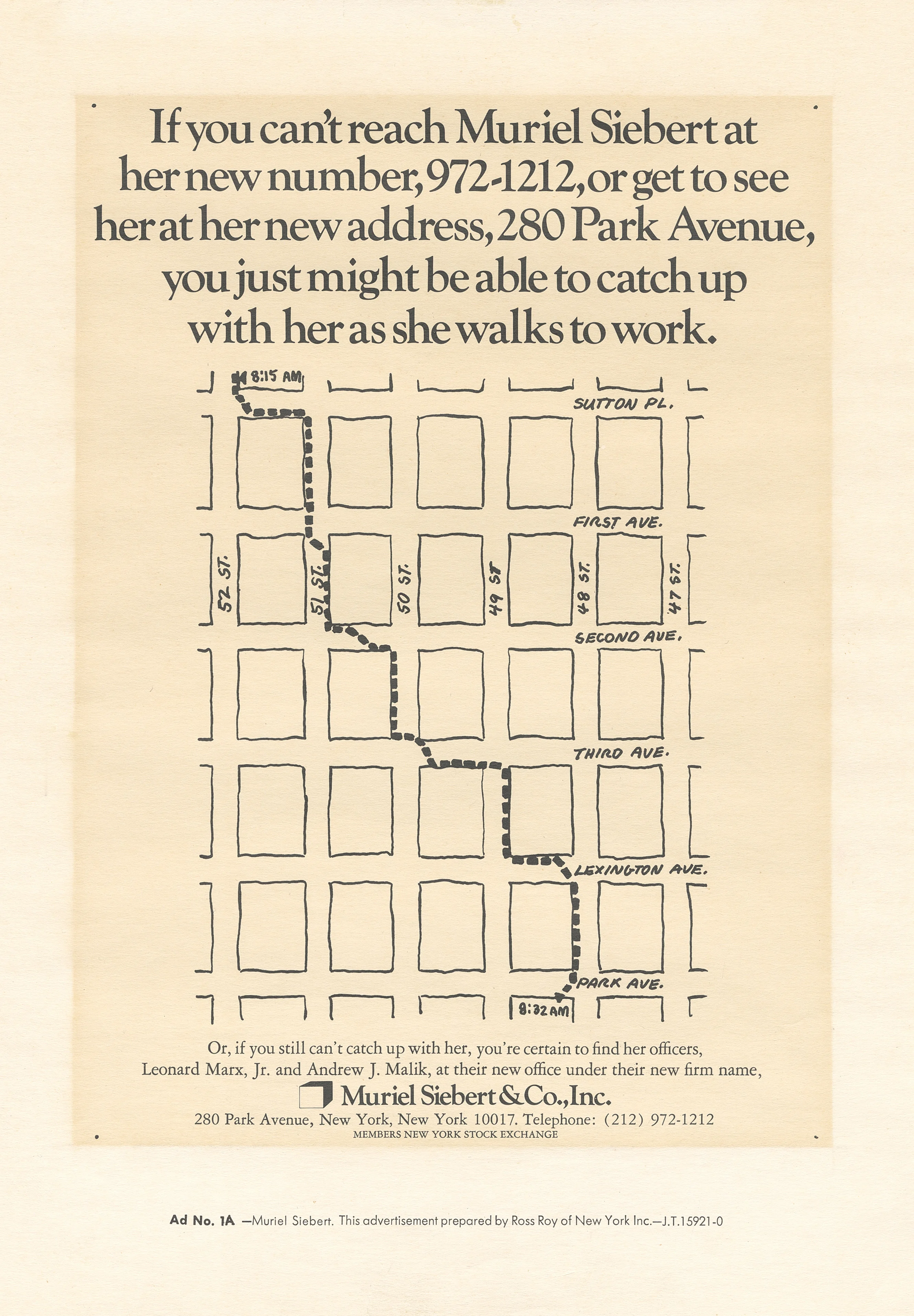 Promotional ad for Muriel Siebert & Co. showing a hand-drawn map of her morning walking route to 280 Park Avenue.