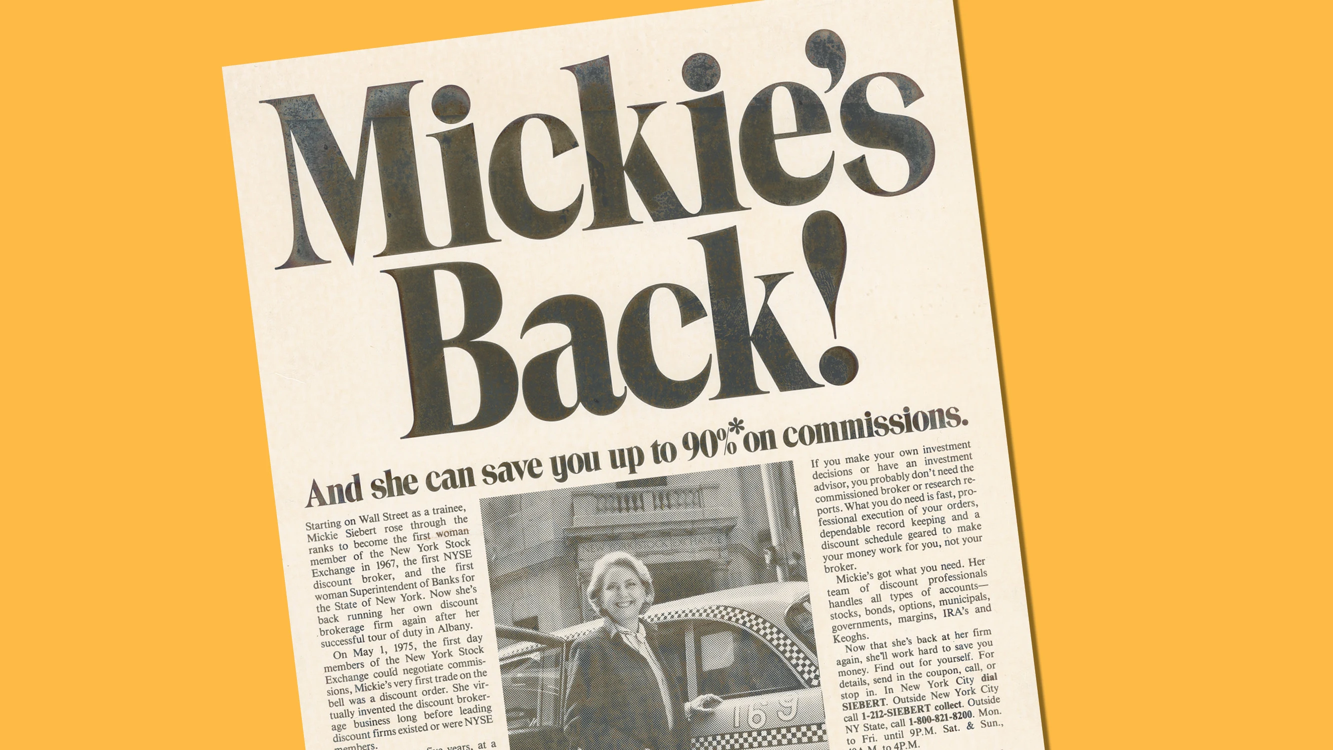 Newspaper ad with headline "Mickie's Back!" featuring Muriel Siebert standing beside a NYC taxi.