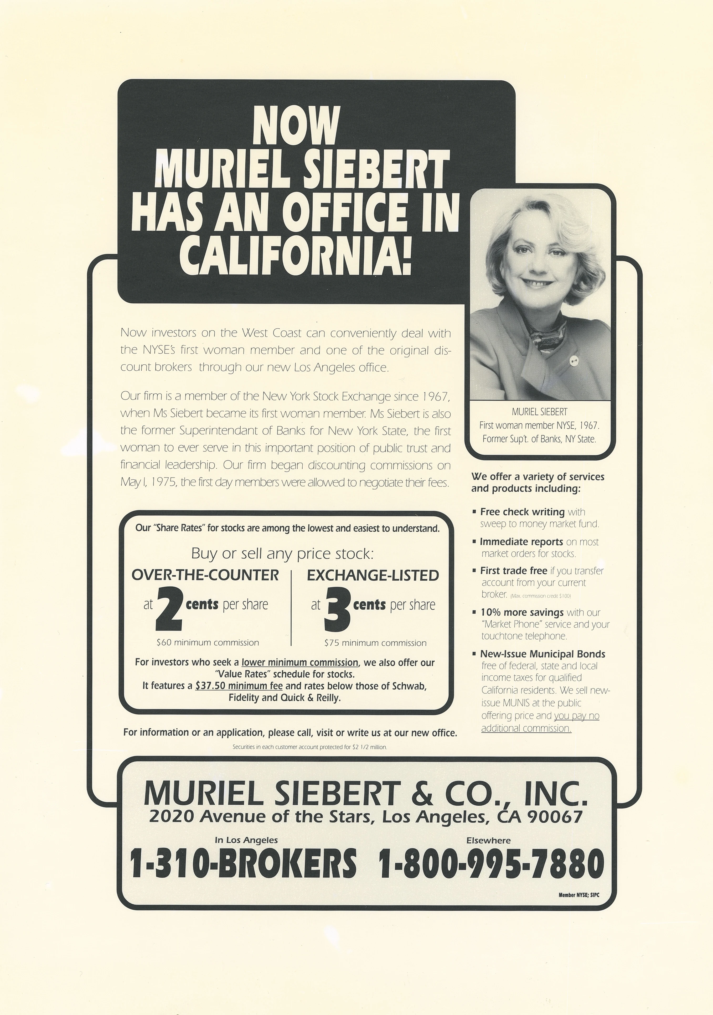 Ad announcing Muriel Siebert & Co.’s new Los Angeles office with services, rates, and a portrait of Siebert.
