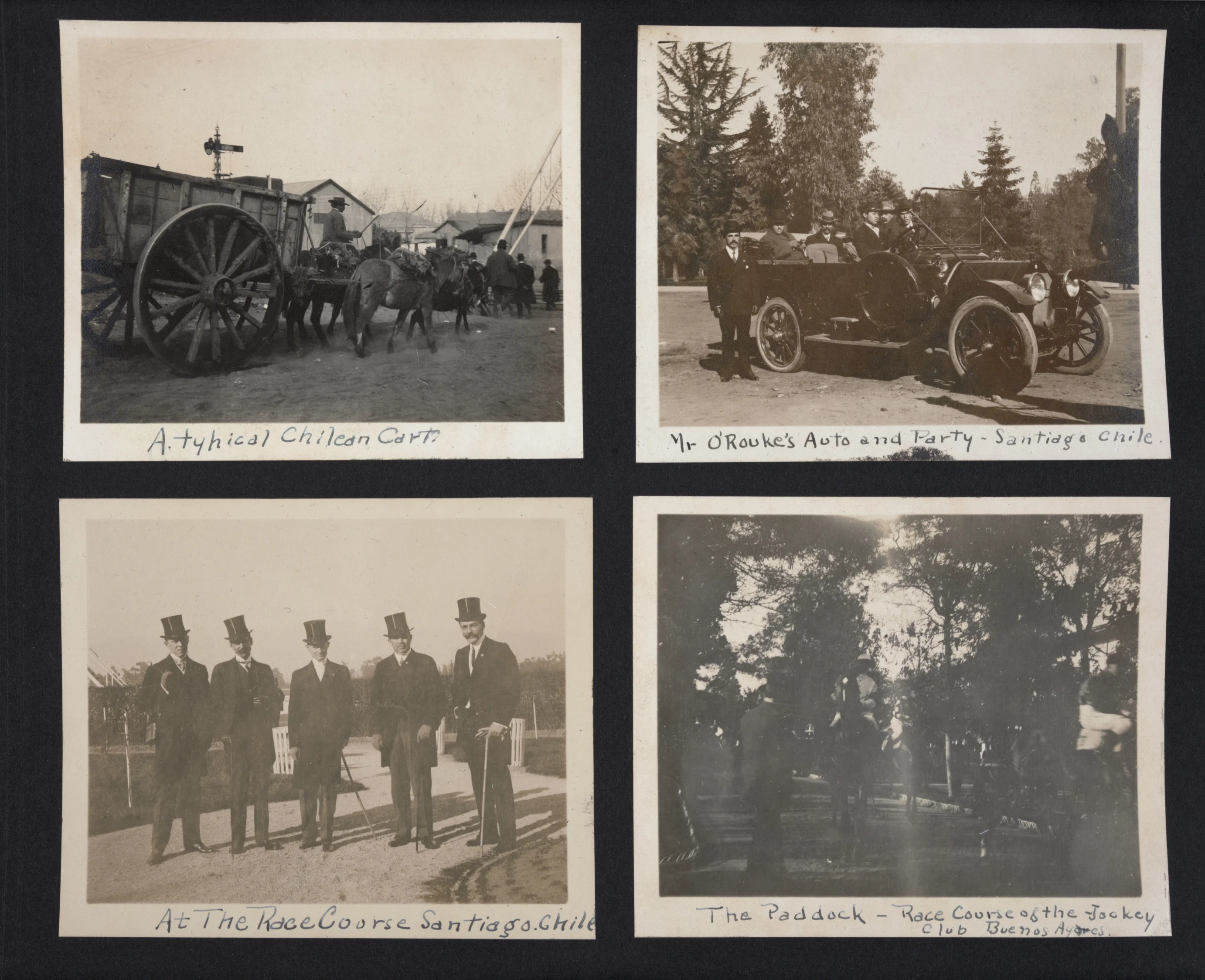 Four images layed out in a square. Men in top hats, cars, nature