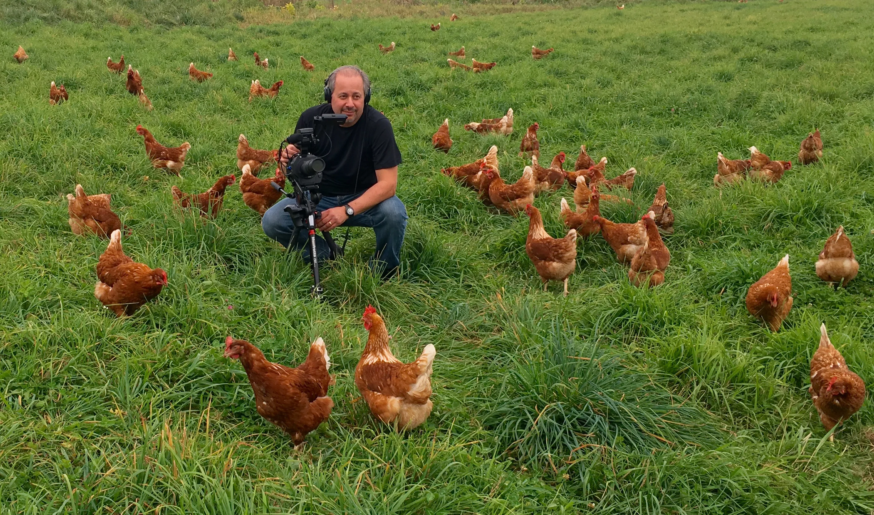 Dave with a camera surrounded by brown chickens.