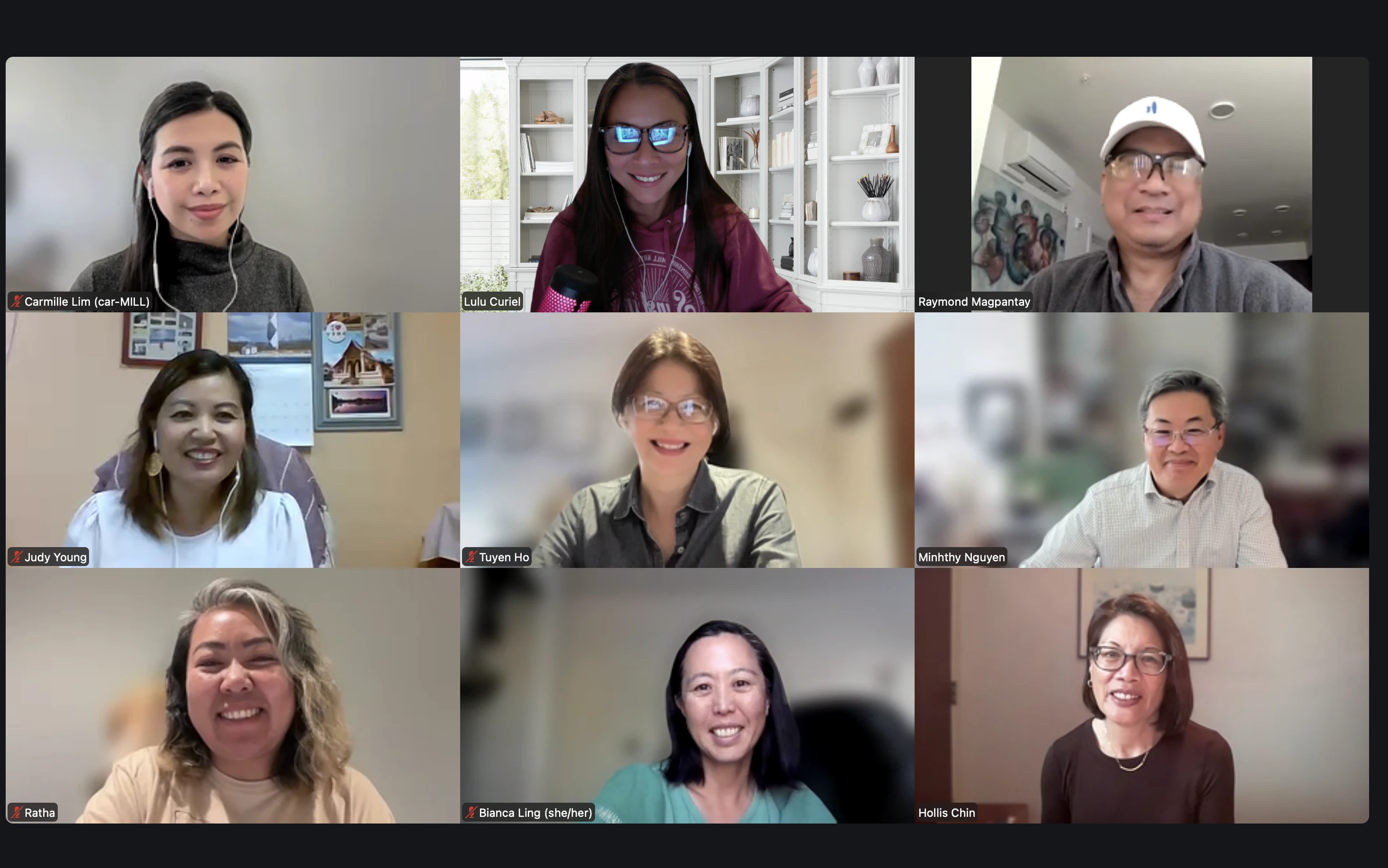 Virtual meeting with nine participants displayed in a video conferencing grid, smiling and looking toward their cameras.