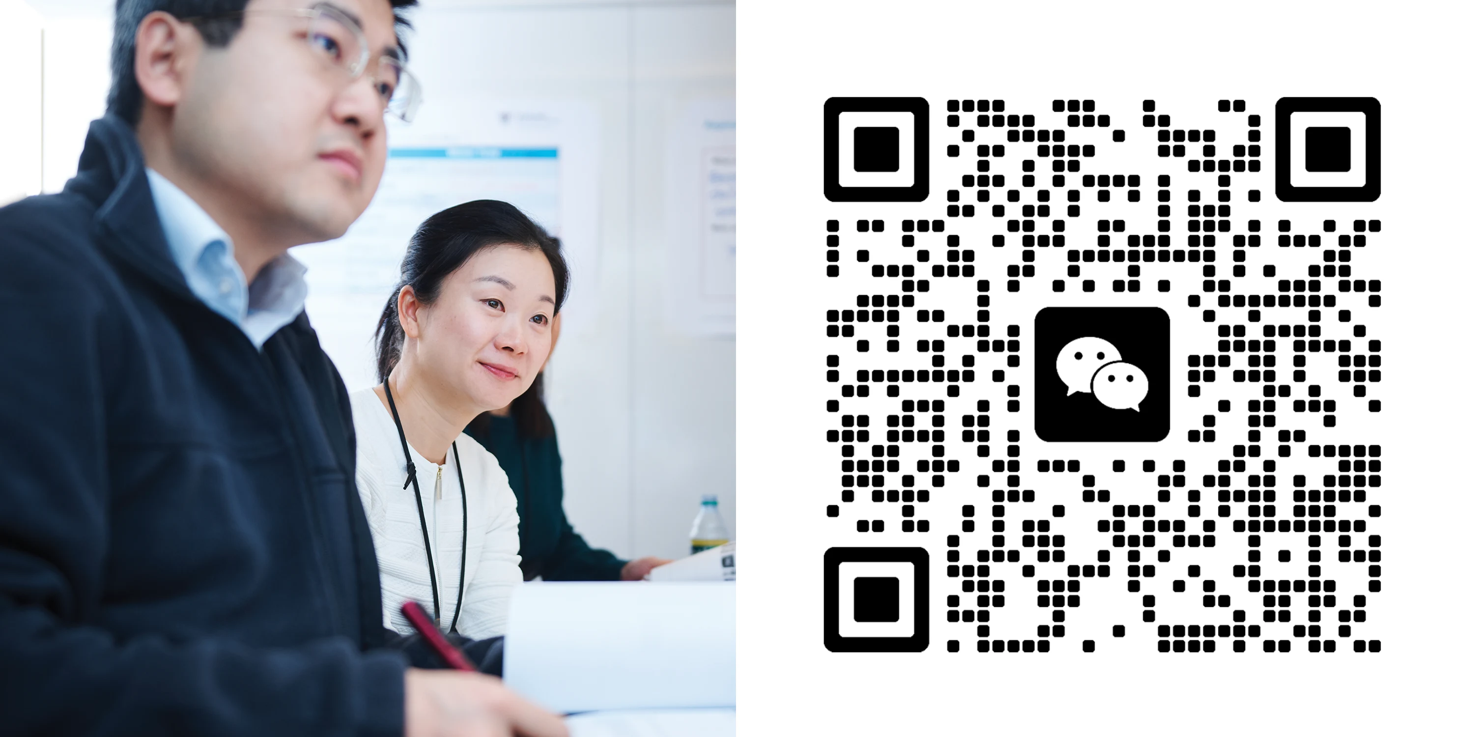 On the left side of the image is a male and a female executive listen while in a meeting and on the right side of the image is a QR code