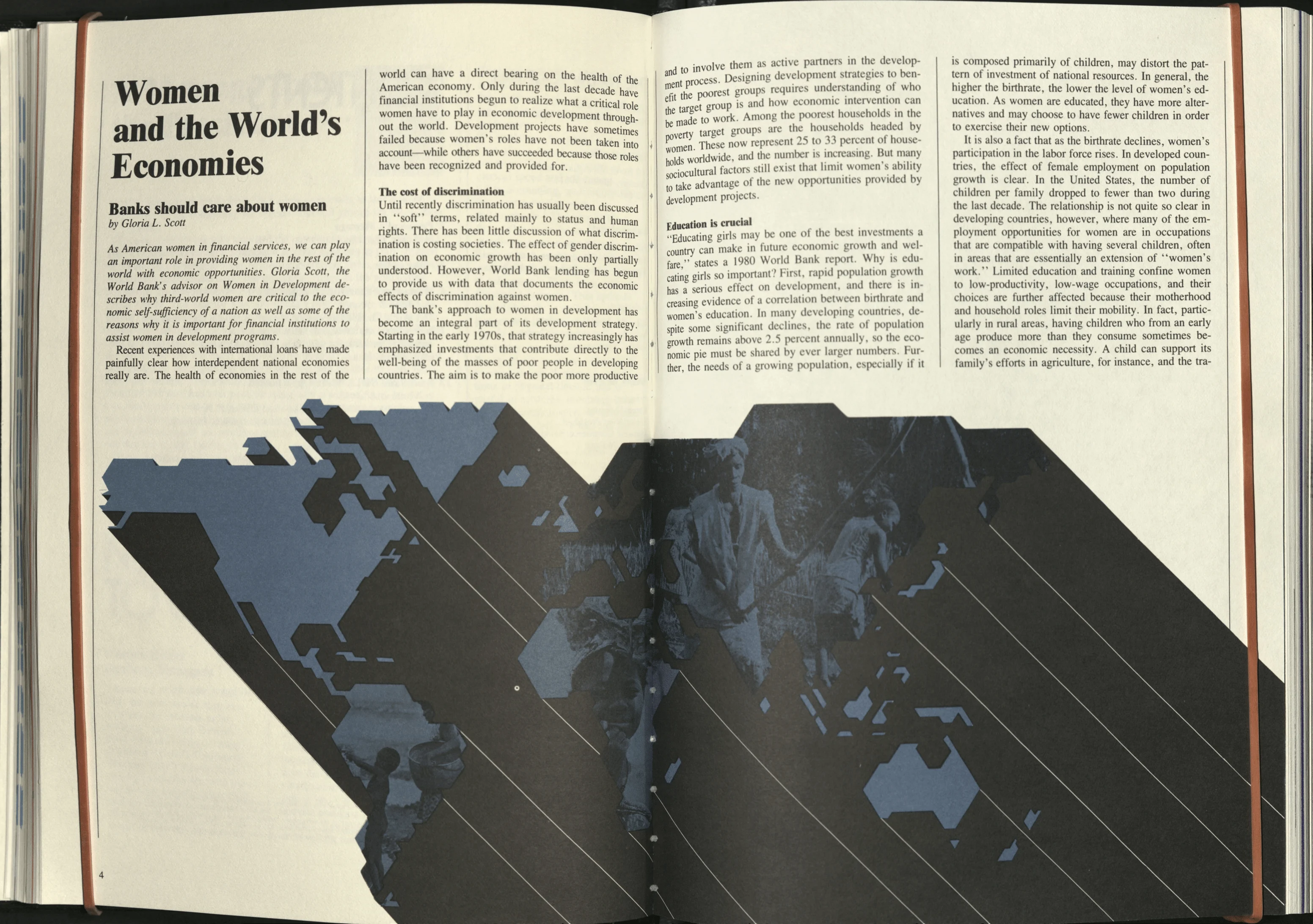 A two-page magazine spread titled "Women and the World's Economies" discusses the role of women in financial development. The left page has a large geometric map design with a dark overlay, featuring faint images of people.