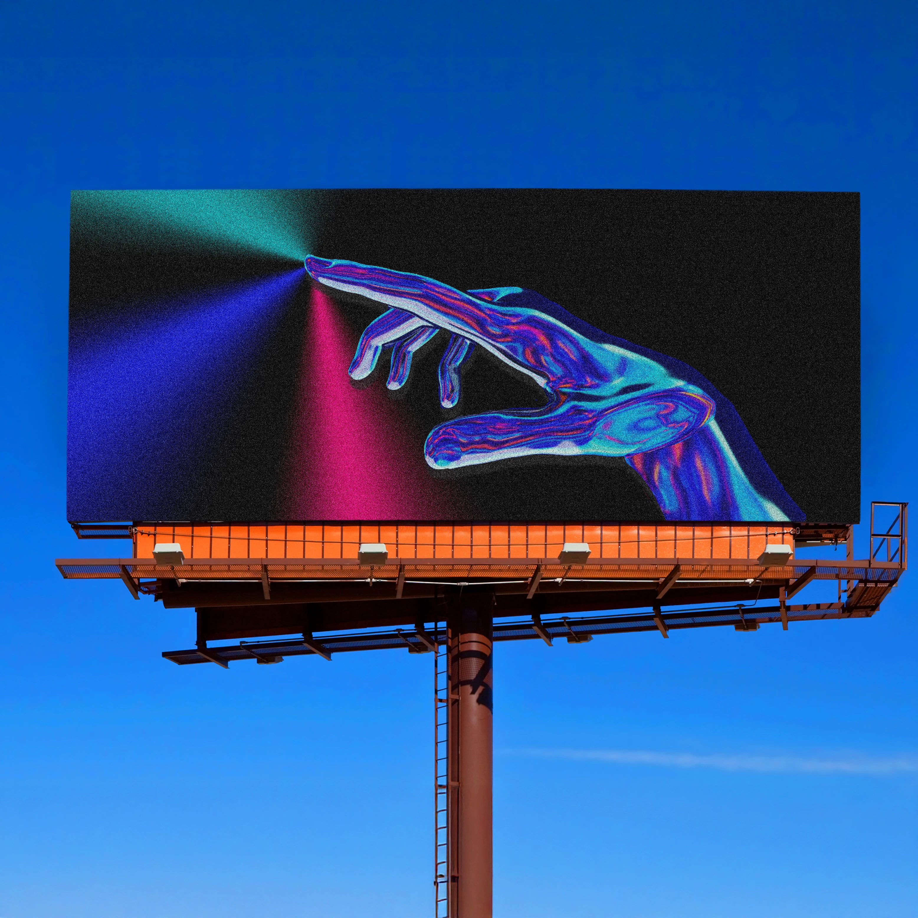 Billboard of robotic-looking hand against multicolored background.