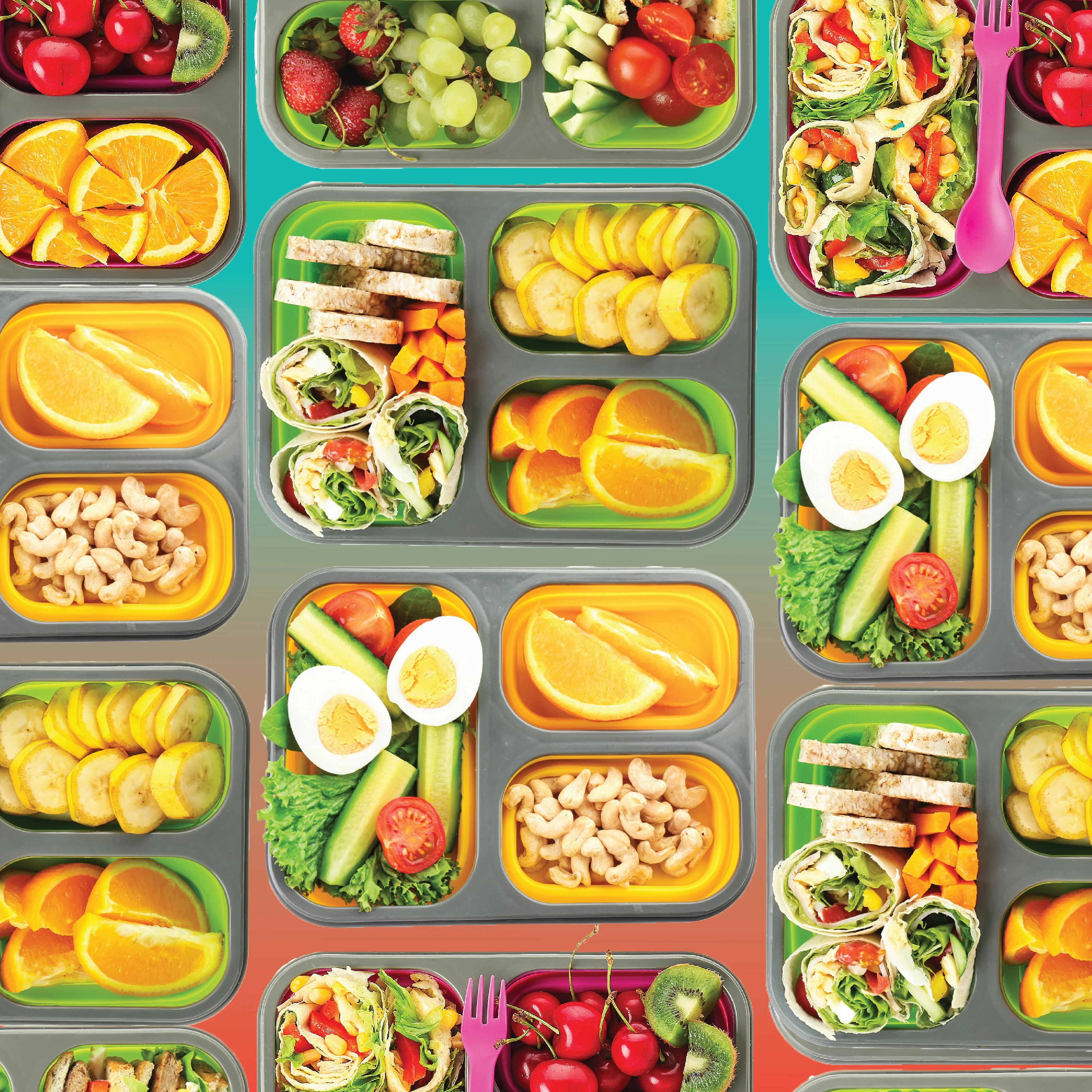 A repeating pattern of lunch trays filled with colorful foods, including sliced oranges, eggs, cucumbers, tomatoes, lettuce, cashews, squash, grapes, berries, cherries, and vegetable wraps, on a gradient background.