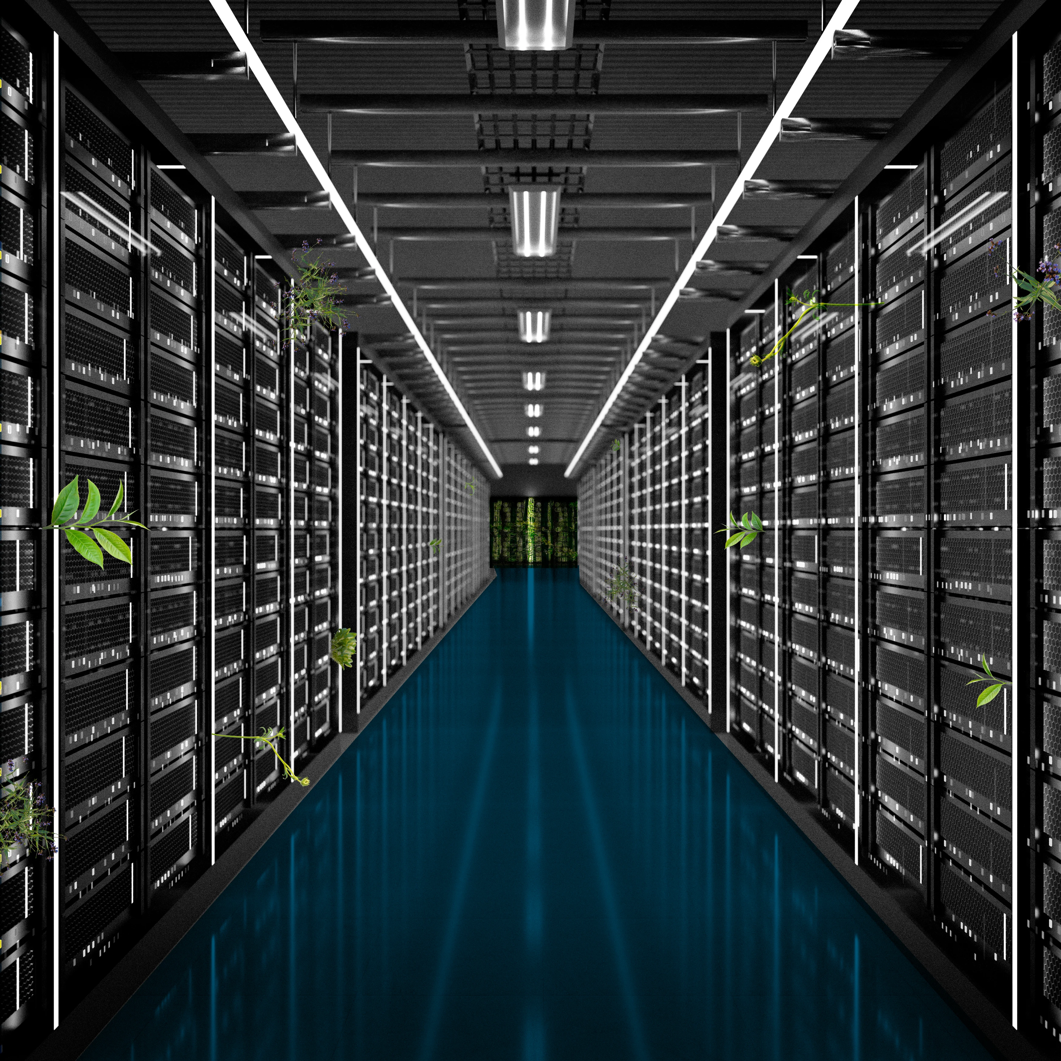 Long corridor of server racks with bright overhead lights and a blue floor. Small green leaves and plant stems appear to sprout from servers along the aisle.