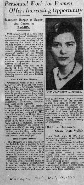 "Personnel Work for Women Offers Increasing Opportunity." Washington Post, July 12, 1937