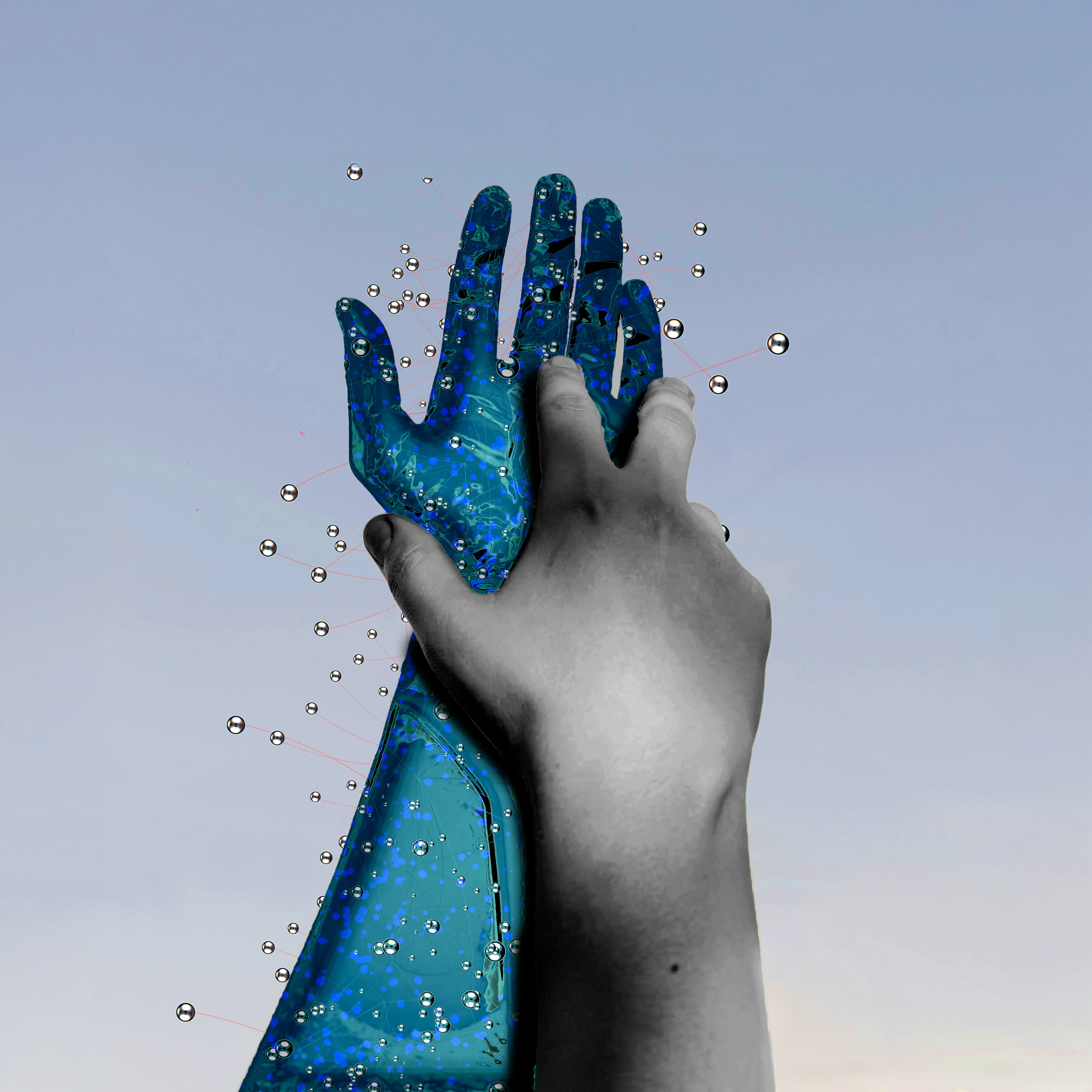 Human hand reaching up for hand covered with glowing digital noise.