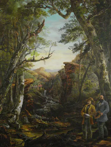 Oil painting of Melville and Hawthorne in a forest, gazing at a McDonald’s, parodying Durand’s Kindred Spirits.