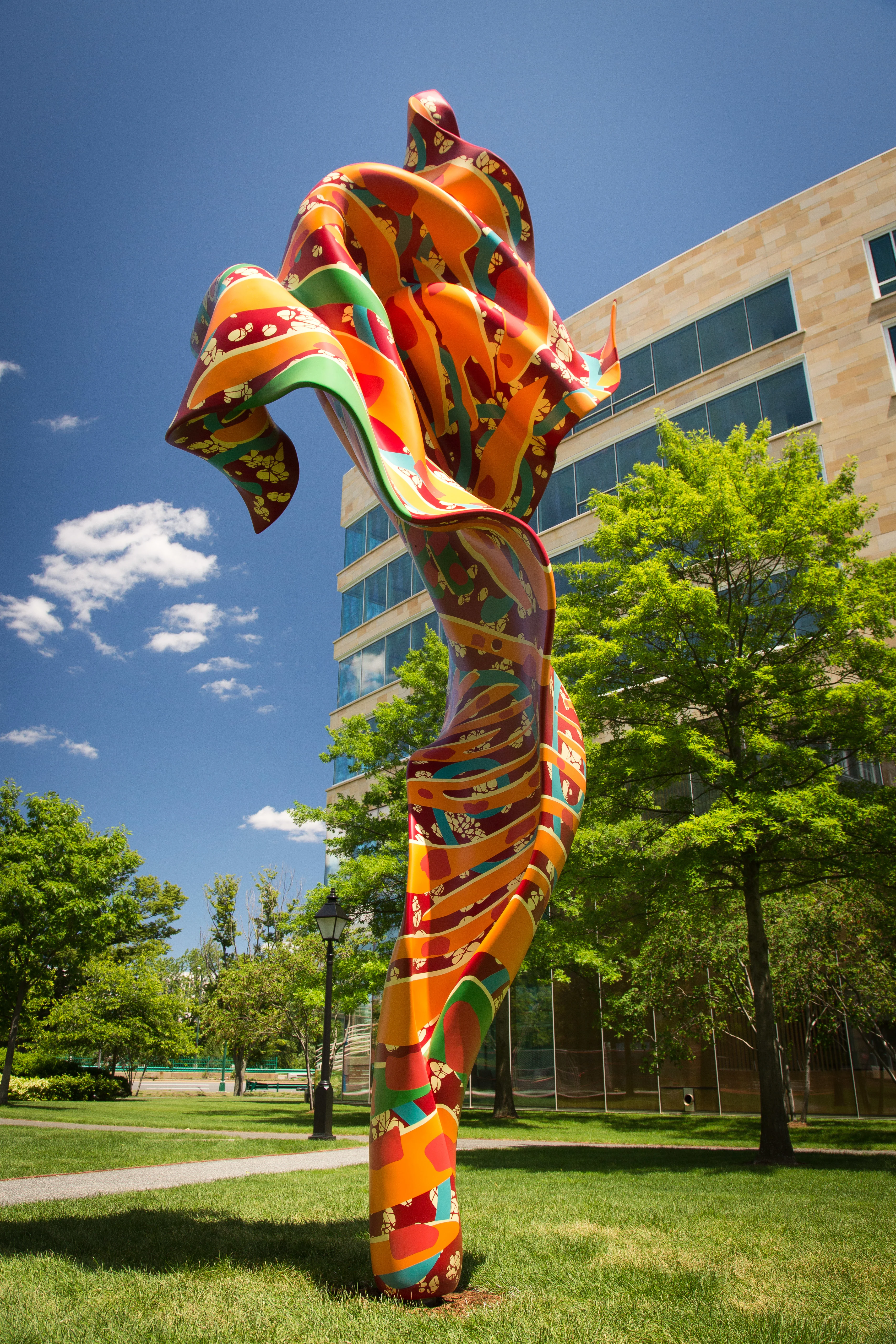 Y. Shonibare CBE RA, Wind Sculpture (SG) V, 2019, stainless steel armature with hand painted glass reinforced polyester cast. 275 1/2×100×78 5/8 in, C Ludens Ringnes Sculpture Collection, HBS © Yinka Shonibare CBE RA. All Rights Reserved, DACS/ARS, NY 2023