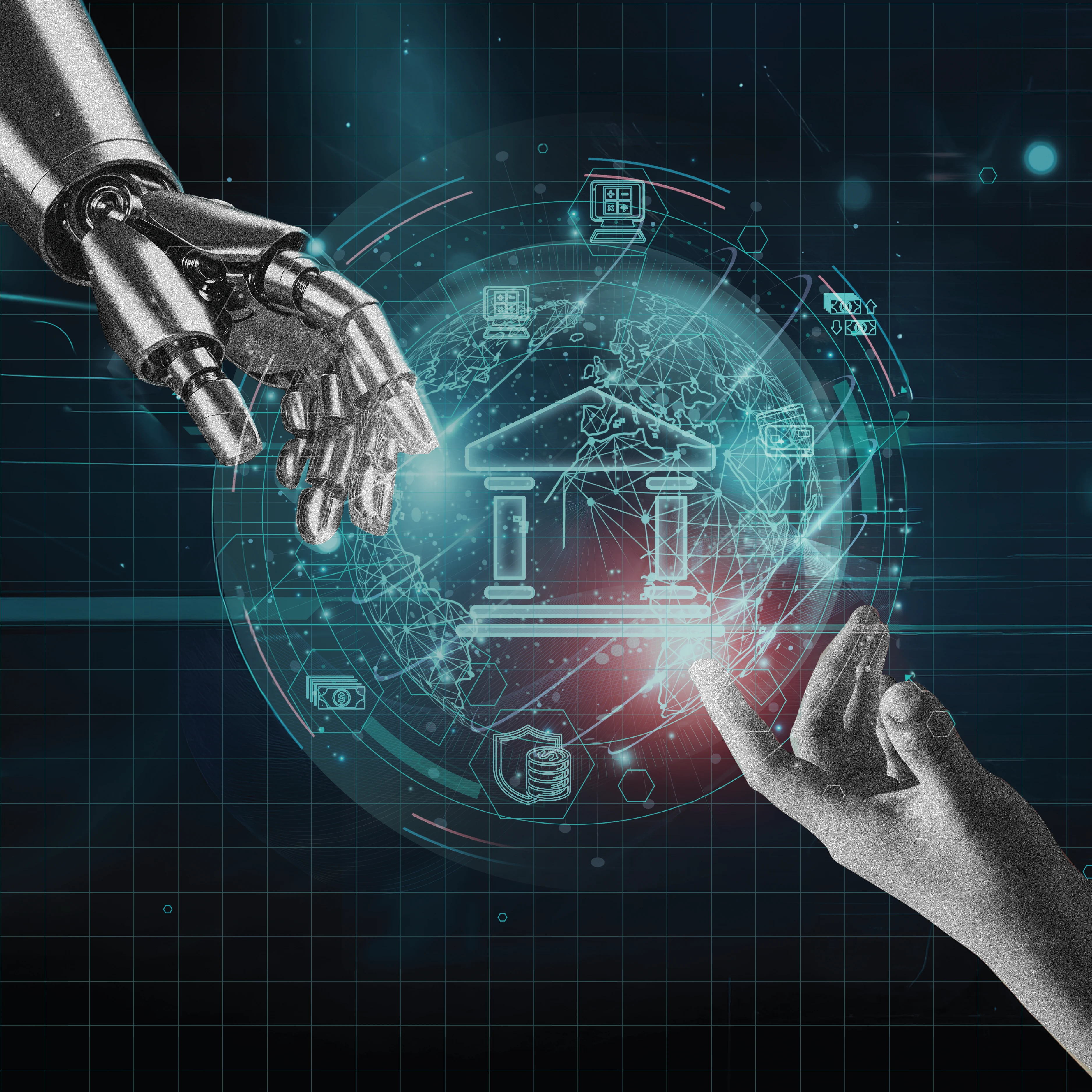 A robotic hand and a human hand reach toward each other in front of a glowing digital globe. At the center of the globe is a bright outline of a bank building, surrounded by teal circuit-like lines on a dark grid background.