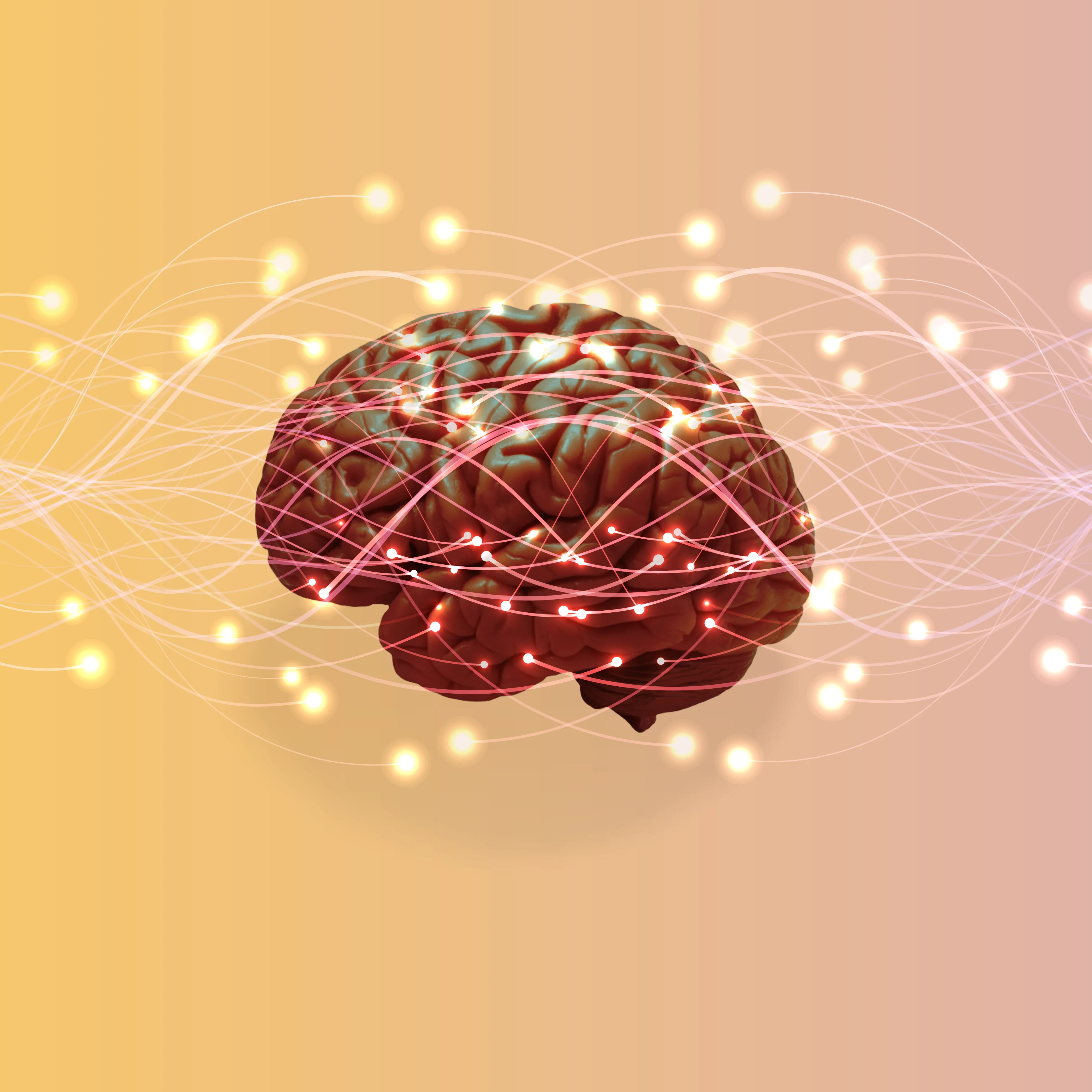 Human brain with glowing connections and light trails set against a gradient background.