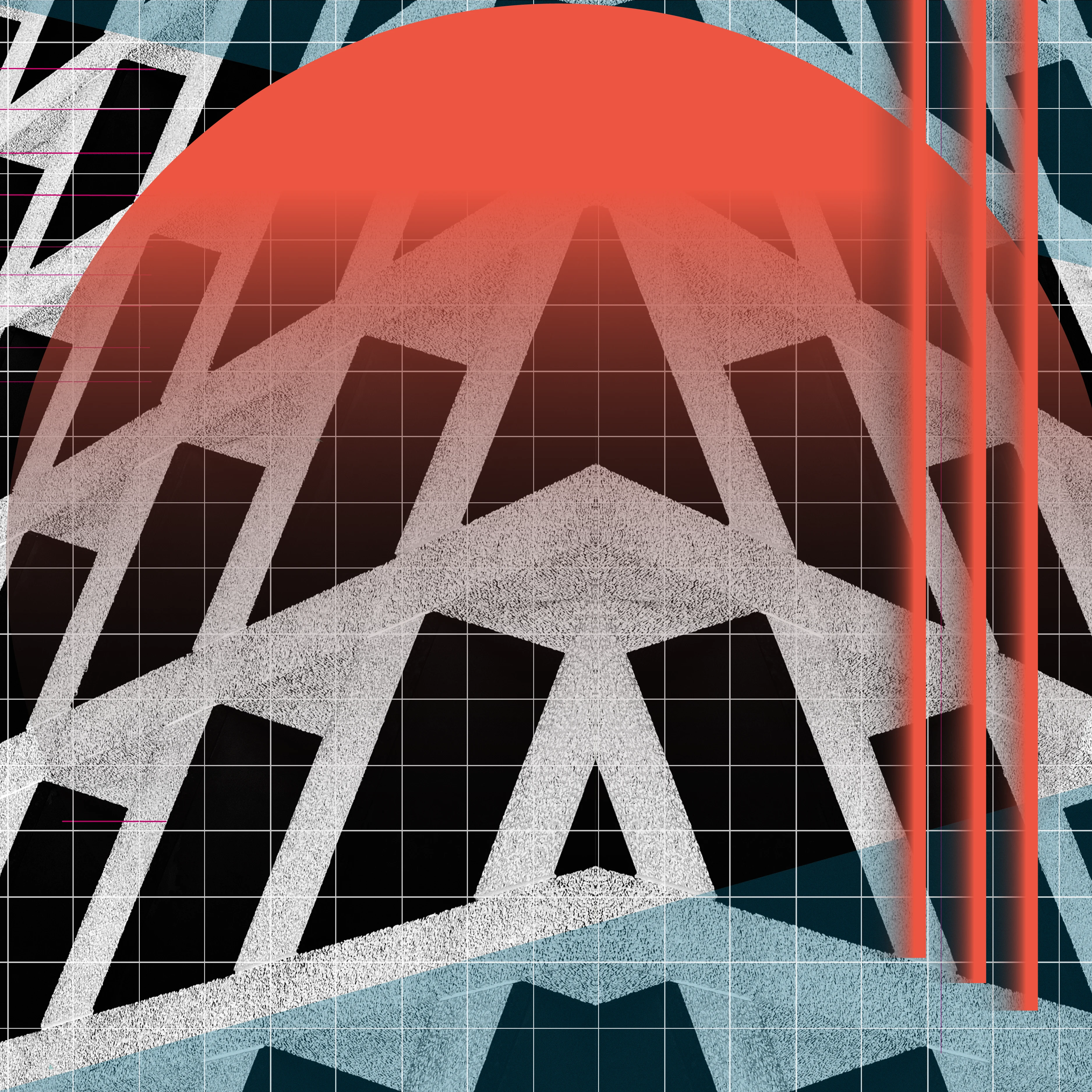 Abstract image with black and white architectural shapes and colorful lines and circles.