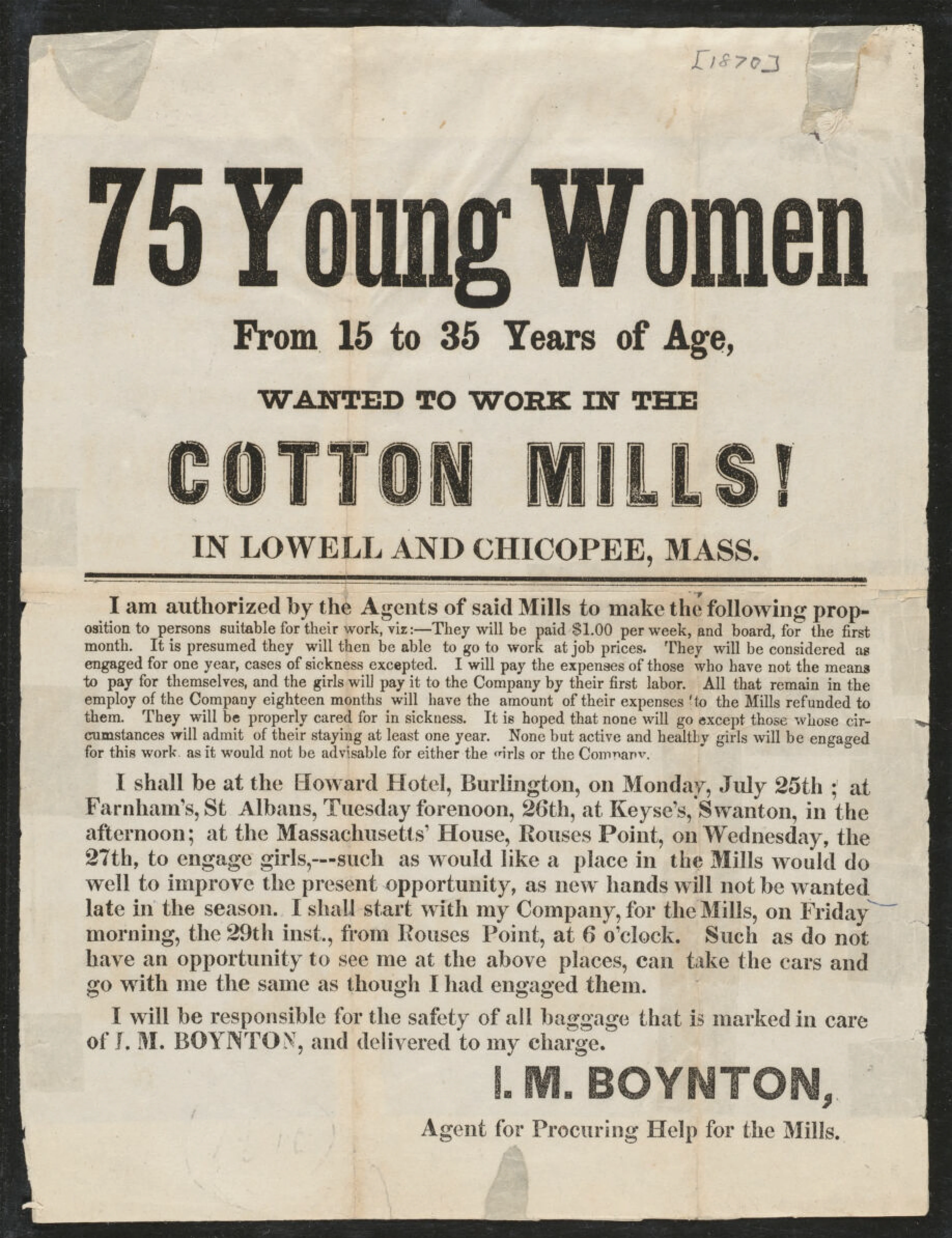 Broadside advertising work opportunity for women in cotton mills