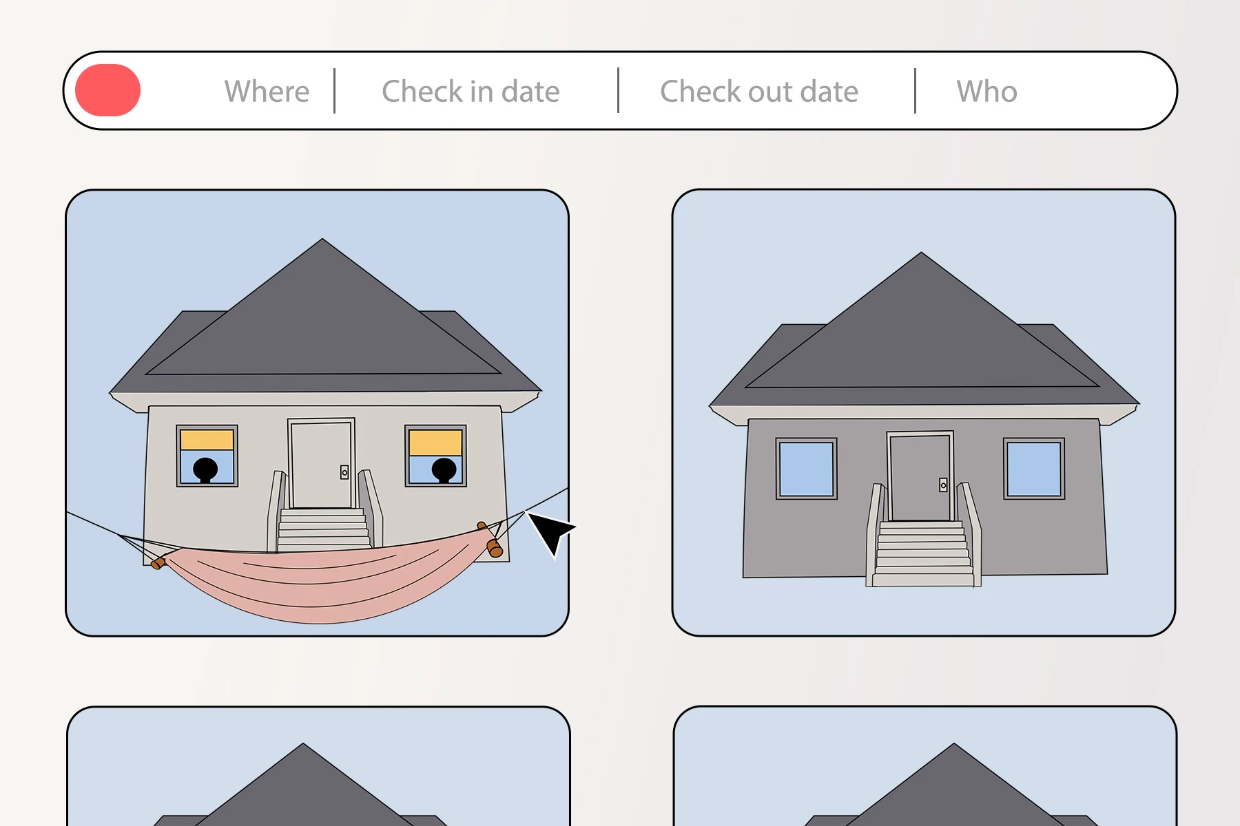 Homepage of house rental site with houses, including one resembling a smiling face.