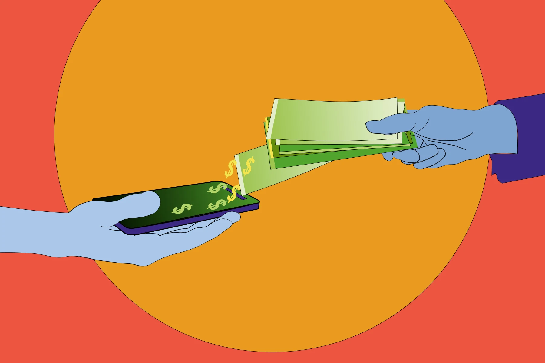 Illustration of one hand holding cellphone and another hand holding money out towards the phone.