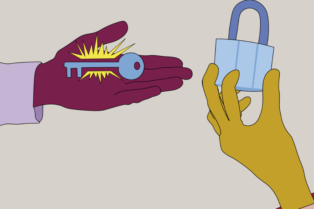 The first panel of a 3 panel comic. Panel 1: startup founder presents a key to a buyer holding a lock. 