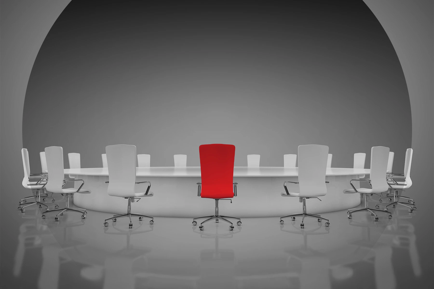 Chairs around round table, all chairs are white except for a red chair in the center of the frame.
