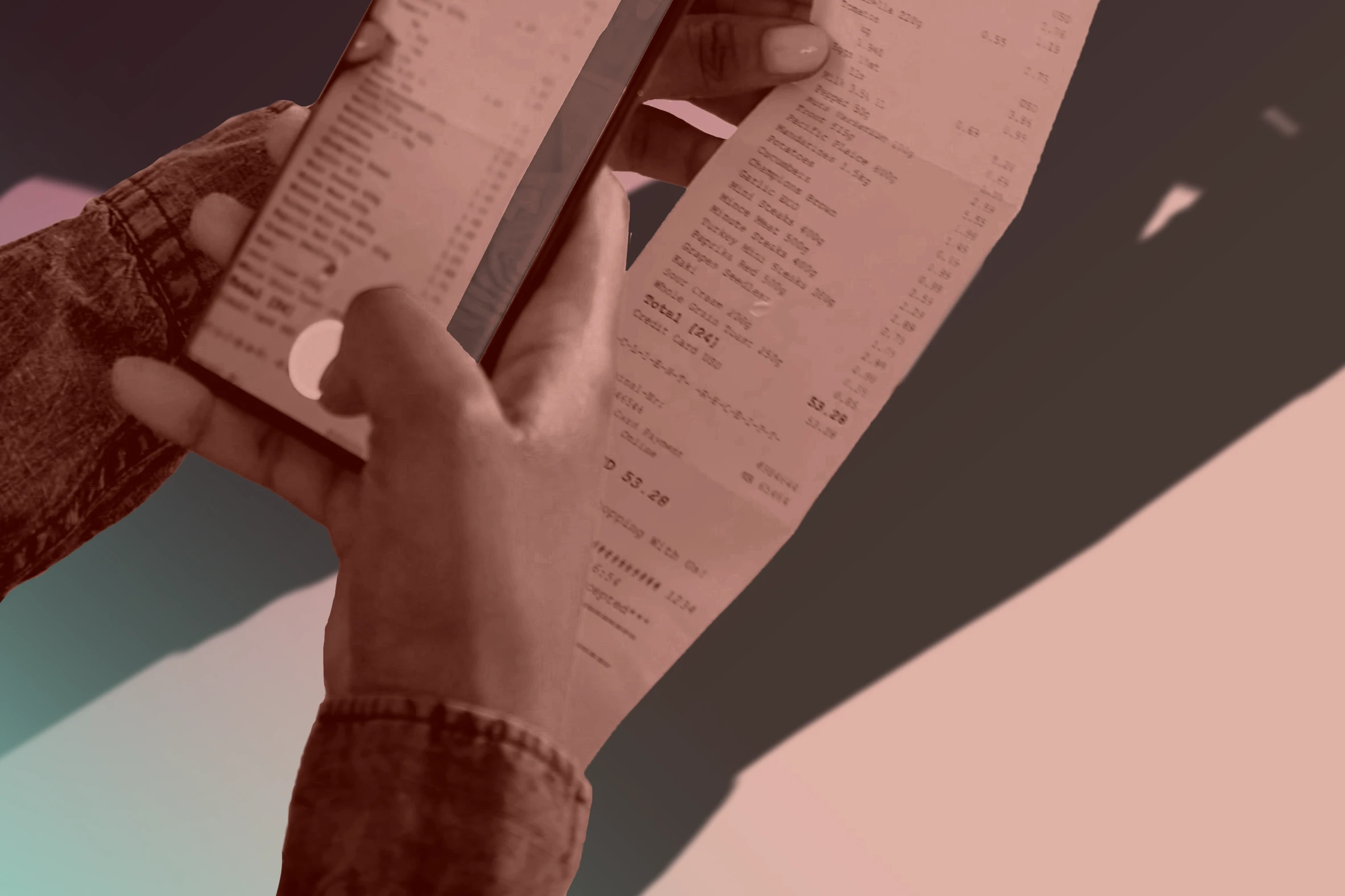 One hand holds a smartphone, another holds a long printed receipt. The receipt appeats on the screen of the phone, as if being photographed. The image is tinted red with a soft gradient background.