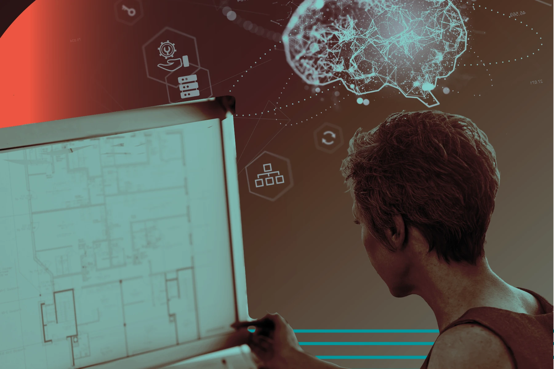 A person sits at a desk facing a computer monitor displaying technical drawings or blueprints. Above, a glowing, stylized digital brain with connecting lines and icons against a dark red and teal background, suggesting AI or advanced technology concepts.