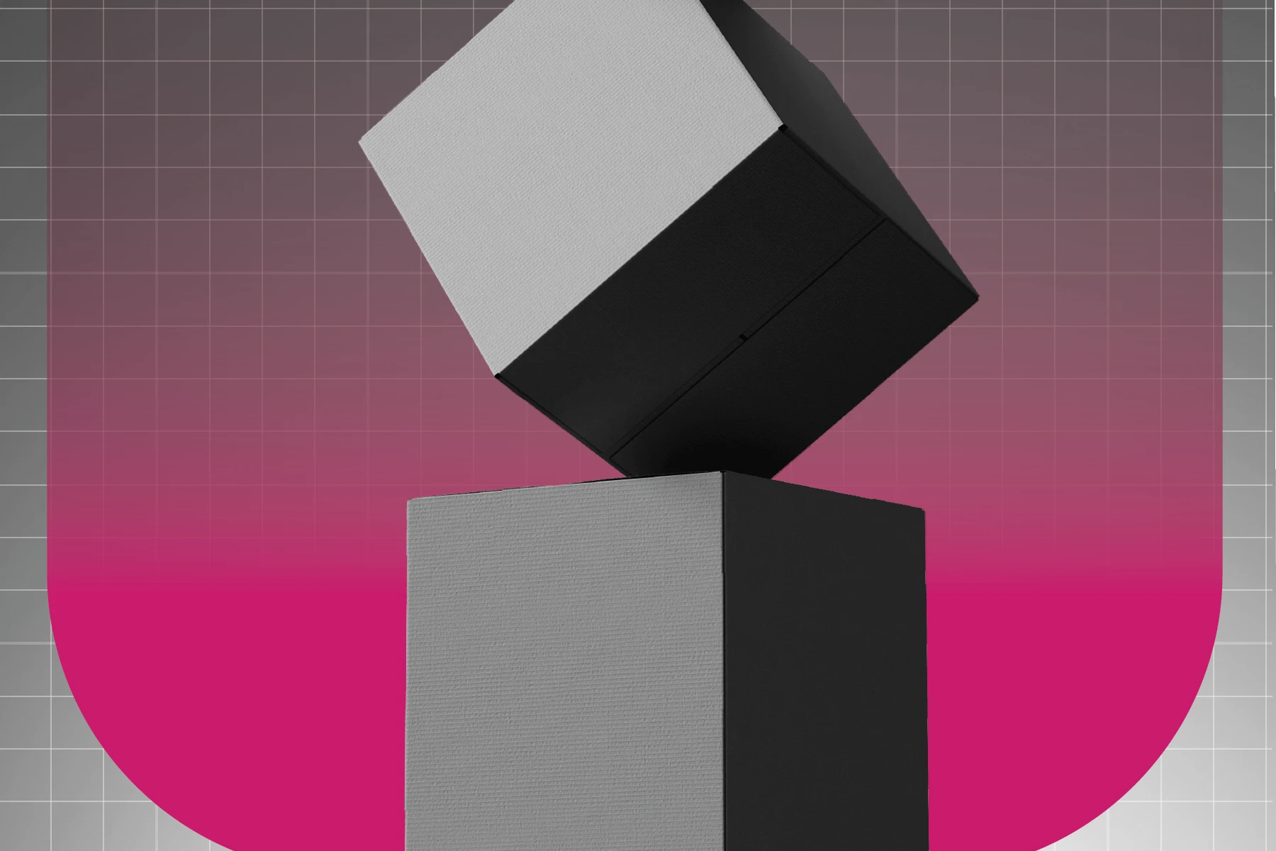 Three black-and-white cubes are stacked diagonally, with the middle cube balanced on one corner between a cube above and one below. The background features a gray grid over a pink-to-gray gradient with rounded corners.