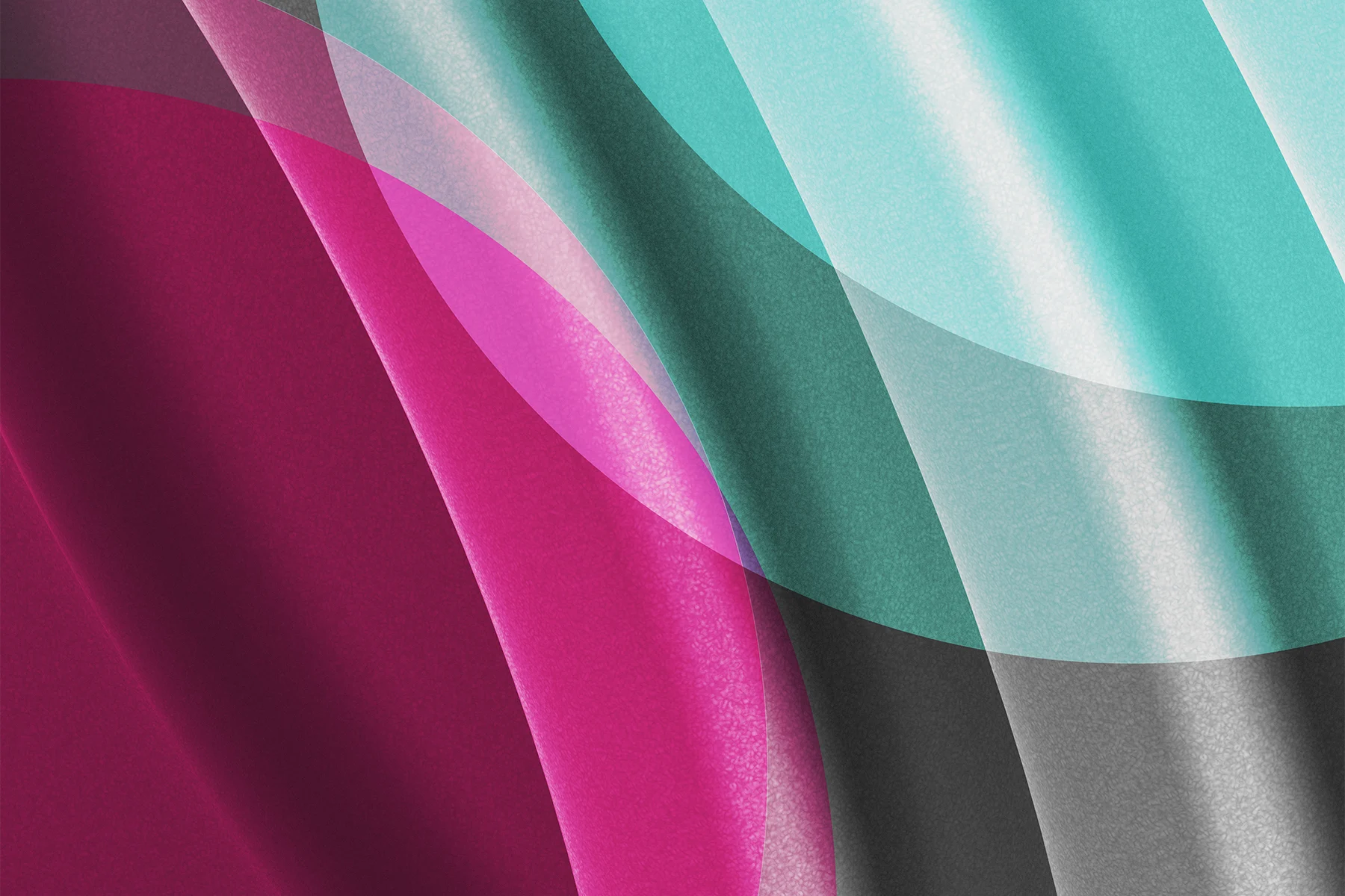 Abstract image with overlapping translucent cincles in magenta and teal shapes, blending together where the colors meet, on a background of textured charcoal gray curved forms.