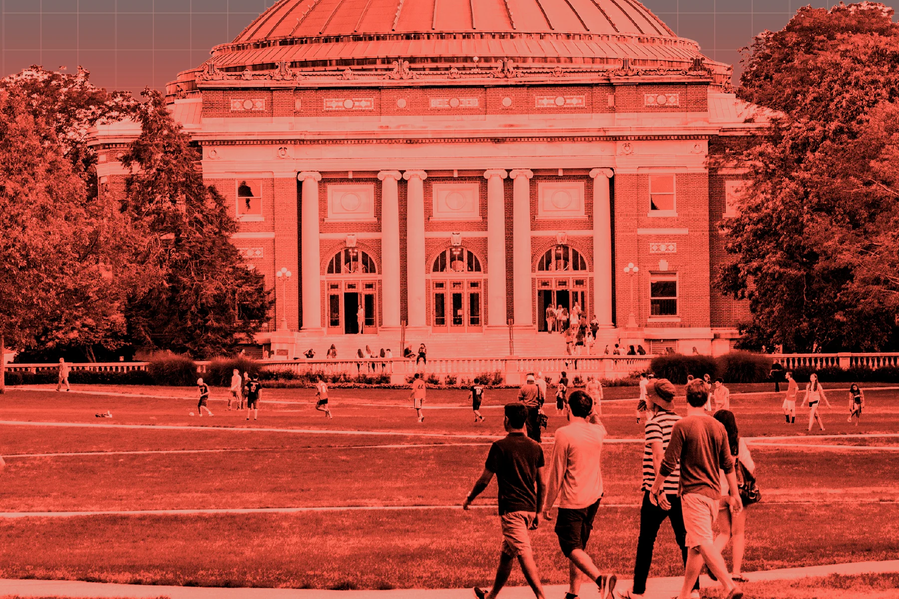 Large domed brick building with columns, surrounded by trees. People walk and gather on a lawn in front. The image is tinted red with a faint grid overlay and teal background.
