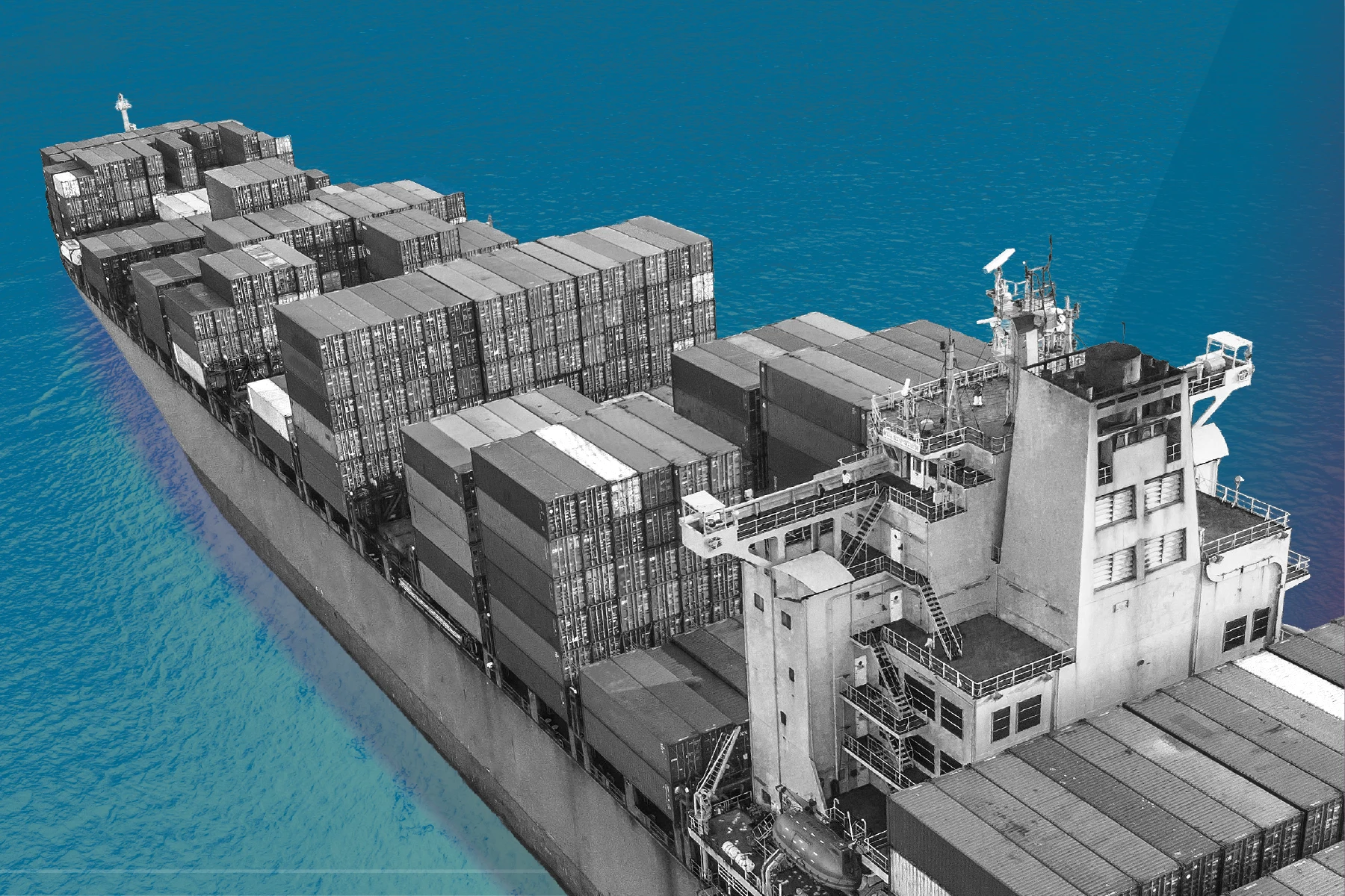 Black-and-white container ship loaded with rows of stacked shipping containers, viewed from above on blue water. Faint geometric overlays and horizontal lines appear across the image.