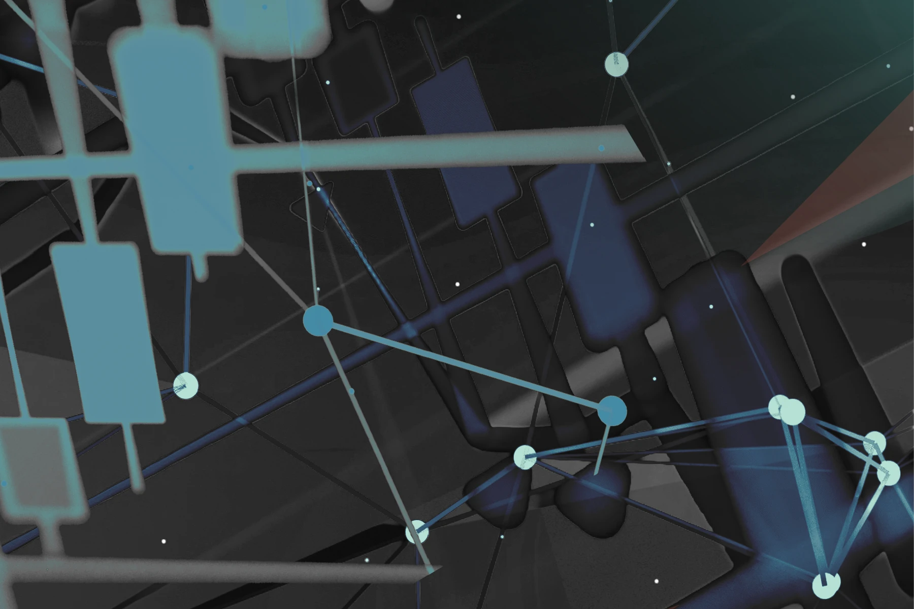 Abstract image with financial candlestick charts overlaid with glowing nodes and connecting lines. Dark background with blue, teal, and subtle red highlights.
