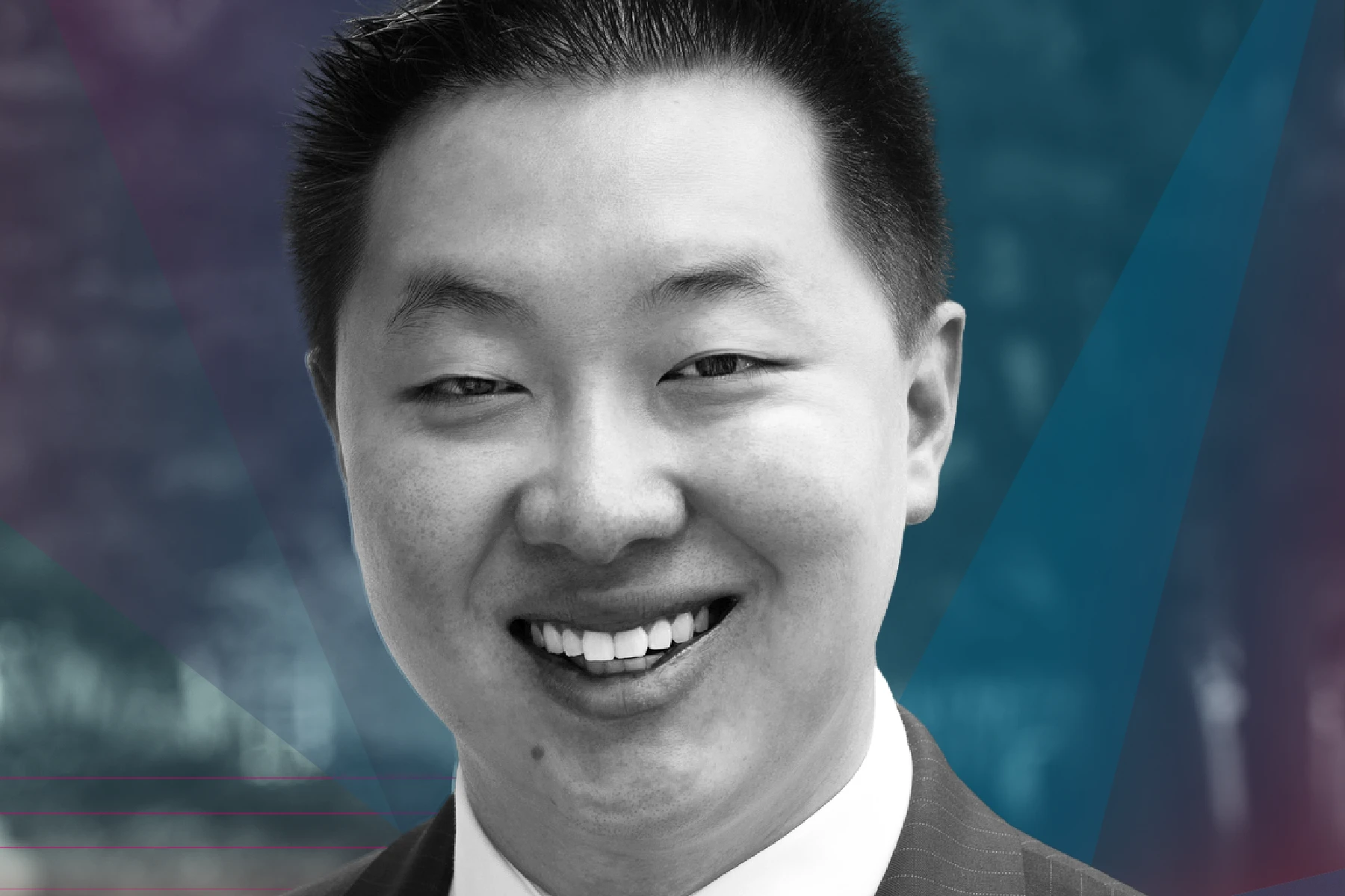 Black and white image with person in a suit and patterned tie, with a background of blue and purple geometric shapes.